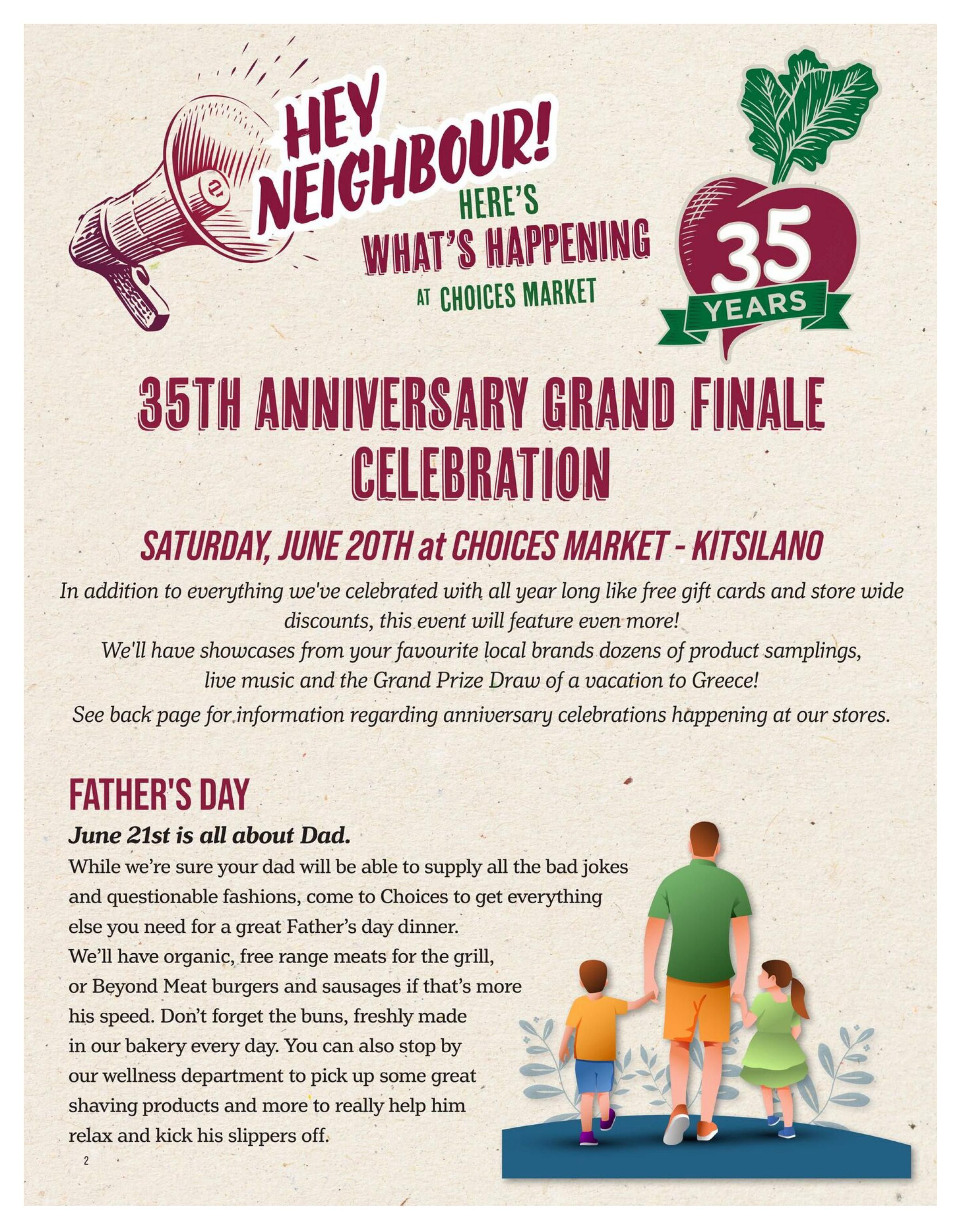 Choices Markets flyer page 2 features a '35th Anniversary Grand Finale Celebration' on Saturday, June 20th at Choices Market - Kitsilano, with product showcases, live music, and a vacation draw. The page also highlights Father's Day on June 21st, suggesting organic, free-range meats for the grill, Beyond Meat burgers and sausages, freshly made bakery buns, and wellness department products like shaving items for gifts.