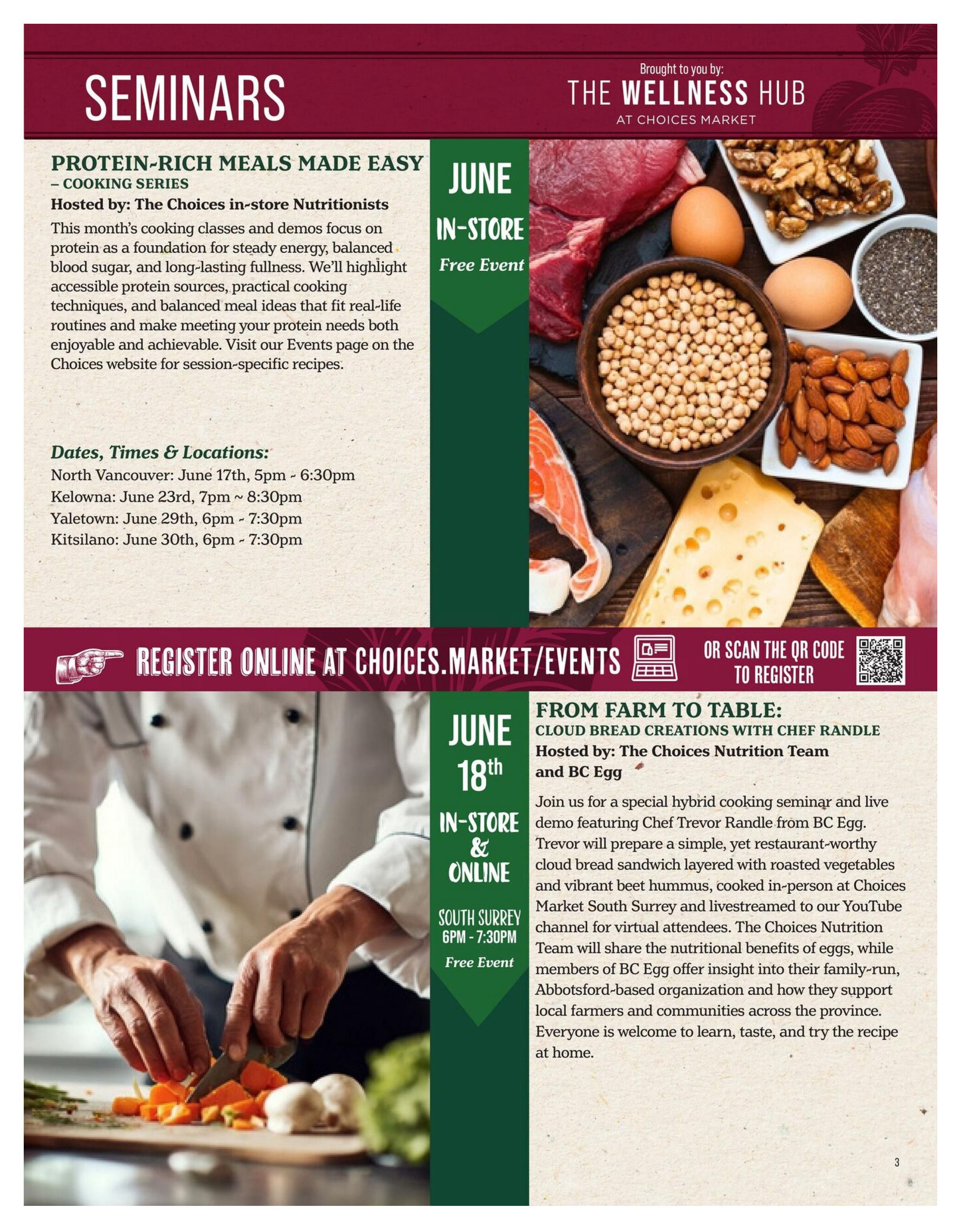 Choices Markets flyer, page 3, featuring seminars and cooking classes. The 'Protein-Rich Meals Made Easy' cooking series, hosted by Choices in-store Nutritionists, focuses on protein for energy and fullness, offering practical tips and meal ideas. Dates and locations include North Vancouver on June 17th (5pm-6:30pm), Kelowna on June 23rd (7pm-8:30pm), Yaletown on June 29th (6pm-7:30pm), and Kitsilano on June 30th (6pm-7:30pm). Registration is available online at choices.market/events or by scanning a QR code. Also featured is a 'From Farm to Table' event on June 18th, a hybrid in-store and online cooking seminar with Chef Trevor Randle from BC Egg. The event will demonstrate cloud bread creations, roasted vegetables, and vibrant beet hummus, with the Choices Nutrition Team sharing insights on egg benefits and local farming support. The event takes place in South Surrey from 6pm-7:30pm and is a free event. The page includes images of various protein-rich foods like beef, salmon, eggs, nuts, seeds, chickpeas, and cheese, as well as a chef preparing vegetables.