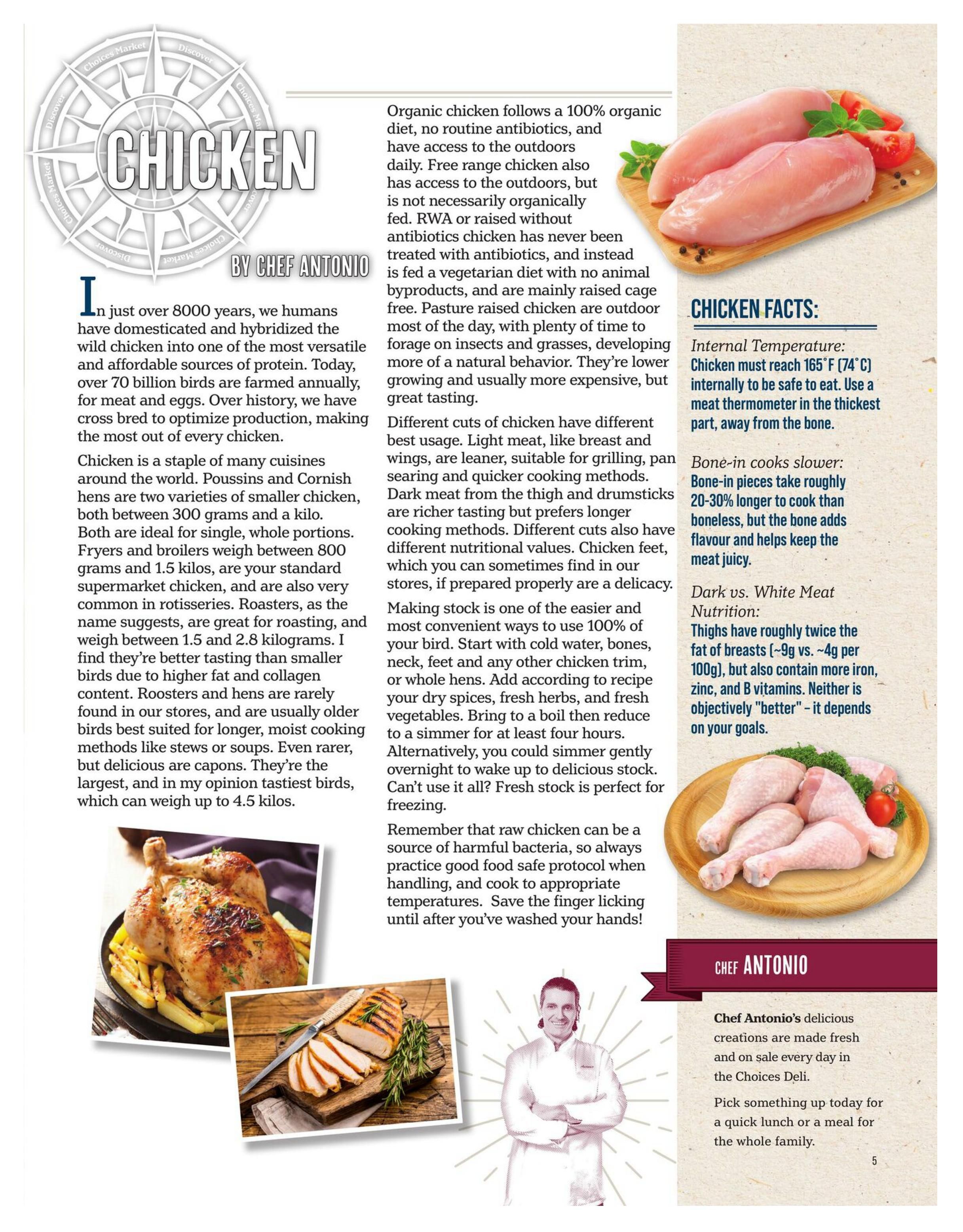 Choices Markets flyer, page 5. This page features an article about chicken by Chef Antonio, discussing different types of chicken like organic, free-range, and pasture-raised, and their nutritional differences. It includes facts about internal temperature for safe cooking, bone-in vs. boneless cooking times, and a comparison of dark vs. white meat nutrition. The page also showcases images of raw chicken legs, a whole roasted chicken with fries, and sliced grilled chicken breast. Chef Antonio's section highlights his fresh creations available daily in the Choices Deli, perfect for quick lunches or family meals.