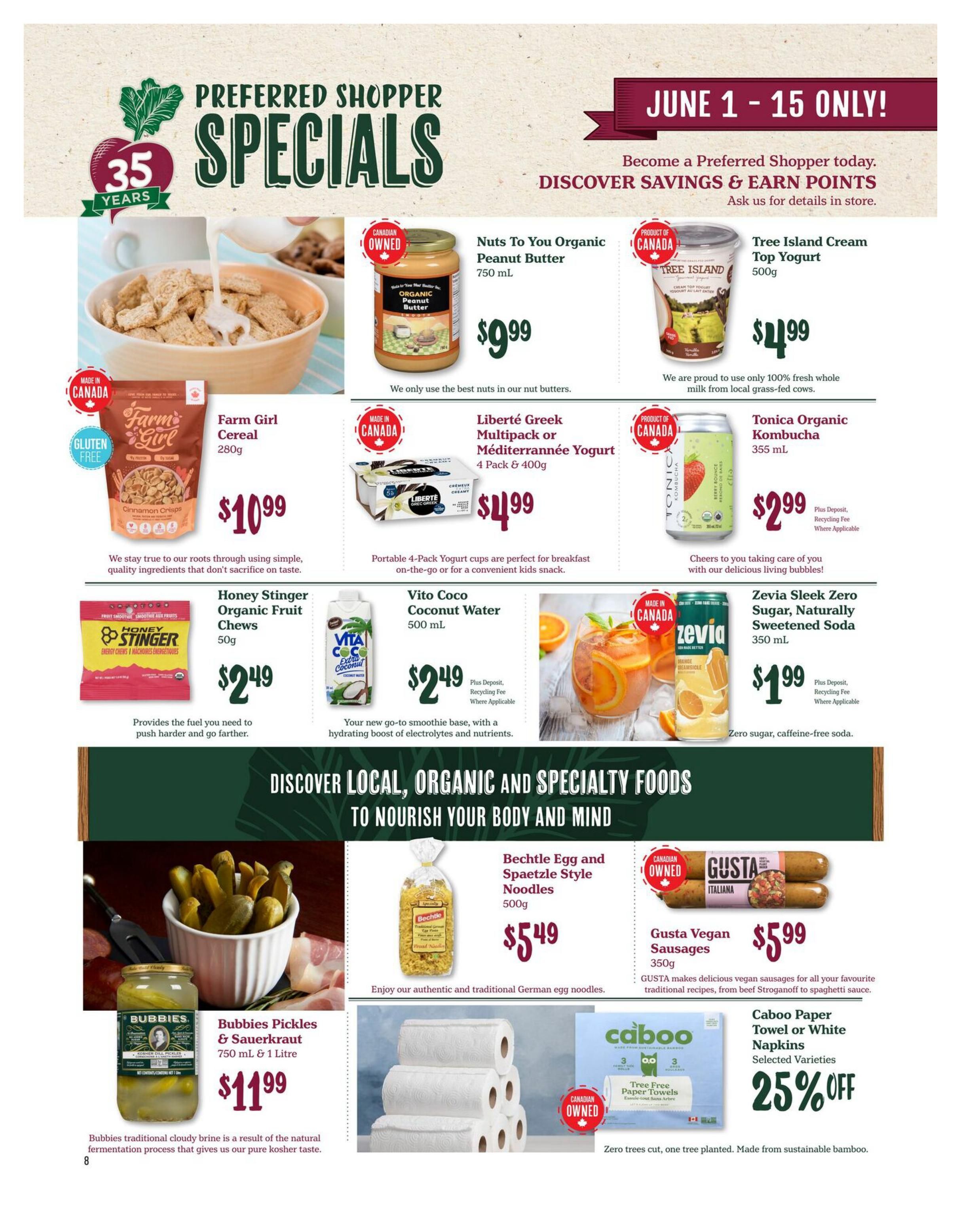 Choices Markets Preferred Shopper Specials flyer, page 8, featuring June 1-15 only deals. Products include: Farm Girl Cereal 280g for $10.99, Nuts To You Organic Peanut Butter 750ml for $9.99, Tree Island Cream Top Yogurt 500g for $11.99, Liberté Greek Multi-pack or Méditerrannée Yogurt 4 Pack & 400g for $4.99, Tonica Organic Kombucha 355ml for $2.99, Honey Stinger Organic Fruit Chews 50g for $2.49, Vito Coco Coconut Water 500ml for $2.49 plus deposit/recycling fee, and Zevia Sleek Zero Sugar Soda 350ml for $1.99 plus deposit/recycling fee. Also featured are Bubbies Pickles & Sauerkraut 750ml & 1 Litre for $11.99, Bechtle Egg and Spaetzle Style Noodles 500g for $5.49, Gusta Vegan Sausages 350g for $5.99, and Caboo Paper Towel or White Napkins with 25% off. The page highlights discovering local, organic, and specialty foods.