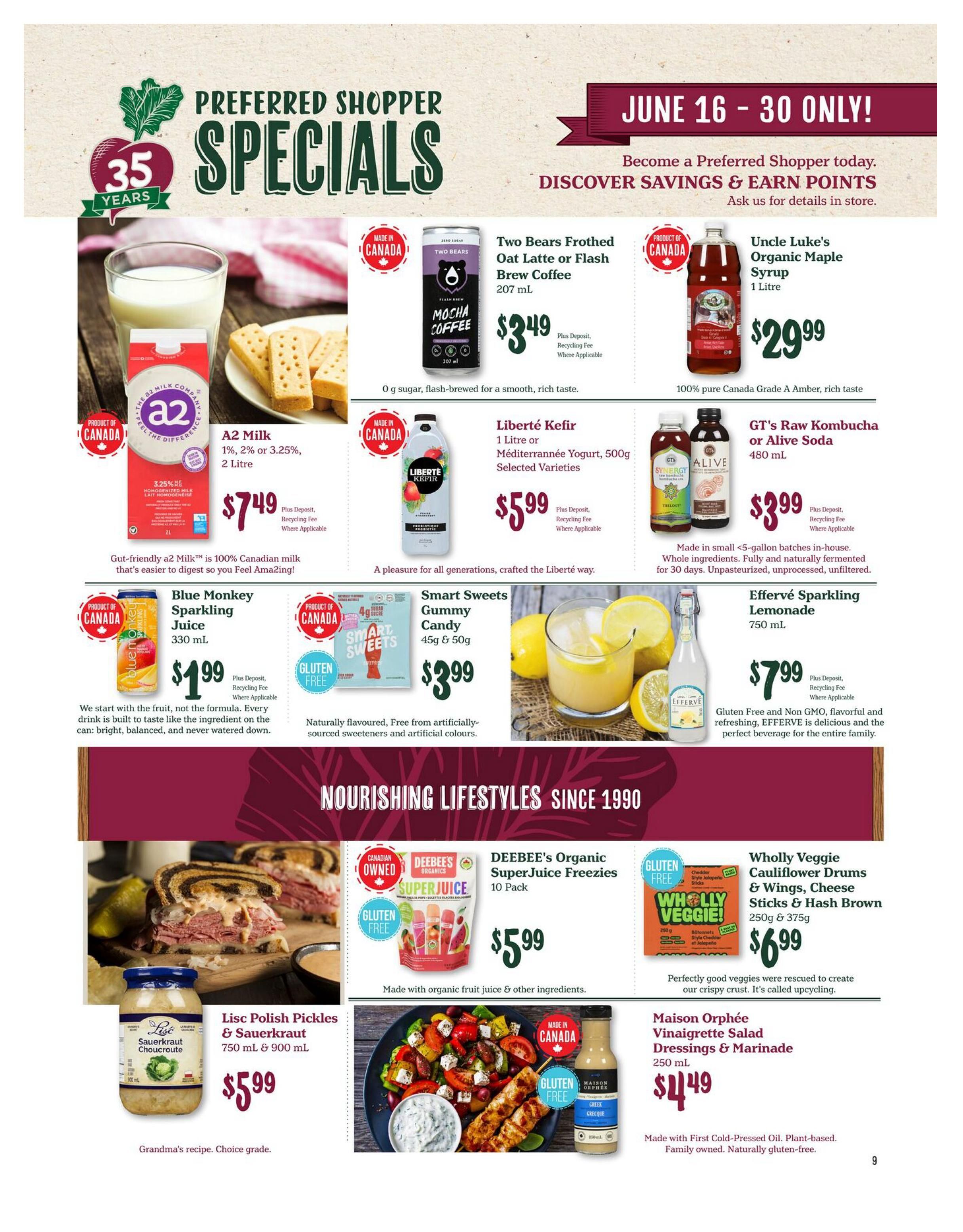 Choices Markets Preferred Shopper Specials flyer, page 9. Featured products include A2 Milk 1L or 2L for $7.49, Two Bears Frosted Oat Latte or Flash Brew Coffee 207mL for $3.49, Uncle Luke's Organic Maple Syrup 1L for $29.99, Blue Monkey Sparkling Juice 330mL for $1.99, Liberté Kefir 1L or Méditerrannée Yogurt 500g for $5.99, GT's Raw Kombucha or Alive Soda 480mL for $3.99, Smart Sweets Gummy Candy 45g & 50g for $3.99, Effervé Sparkling Lemonade 750mL for $7.99, Lisc Polish Pickles & Sauerkraut 750mL & 900mL for $5.99, DEEBEE's Organic SuperJuice Freezies 10 Pack for $5.99, Wholly Veggie Cauliflower Drums & Wings, Cheese Sticks & Hash Brown 250g & 375g for $6.99, and Maison Orphée Vinaigrette Salad Dressings & Marinade 250mL for $4.49. The flyer is valid from June 16 to June 30.