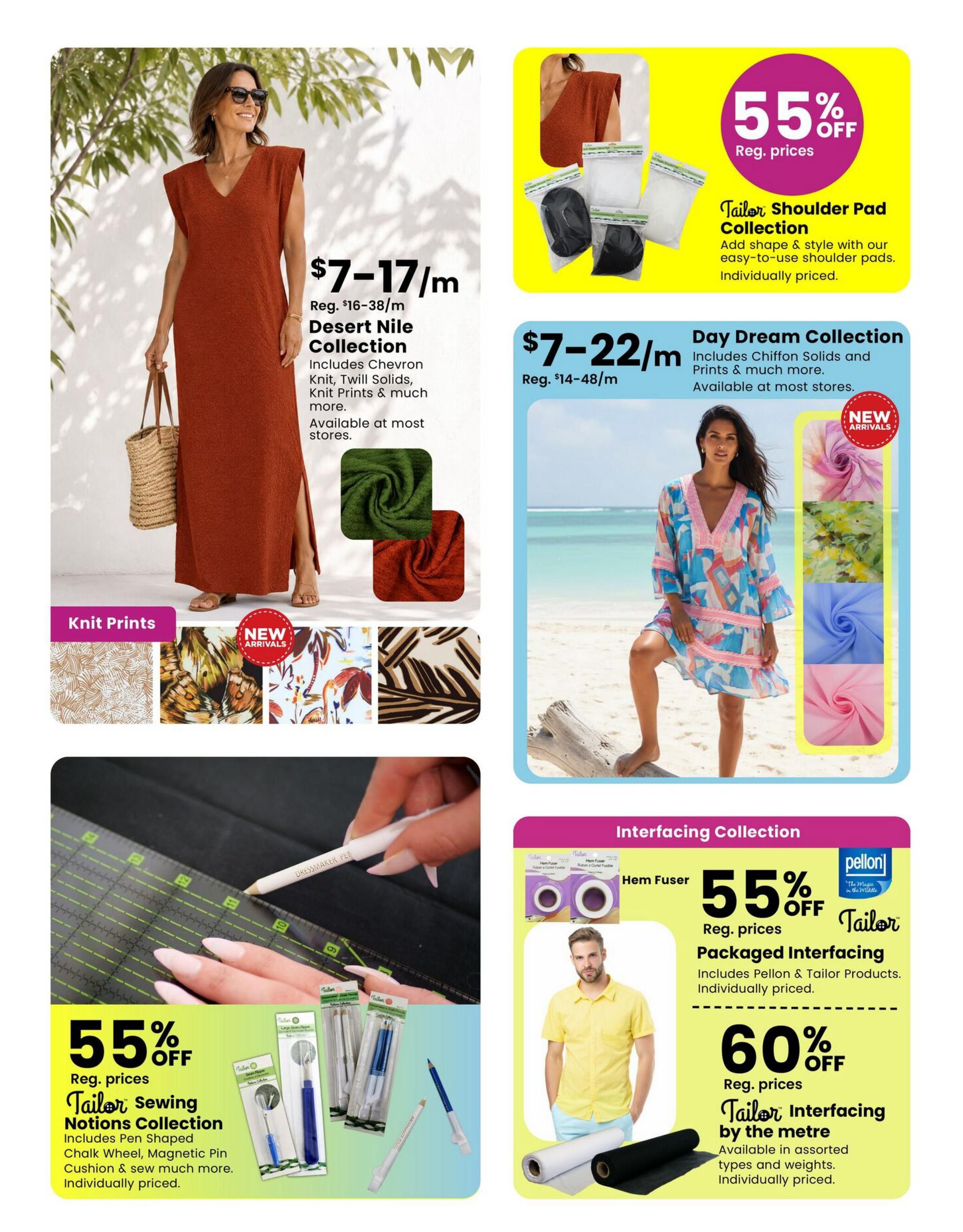 Fabricland St. Catharines and Welland flyer page 8 features a woman in a rust-coloured knit dress, priced at $7-$17/m, part of the Desert Nile Collection which includes Chevron Knit, Twill Solids, and Knit Prints. Also featured are new arrival knit prints. On the top right, the Tailor Shoulder Pad Collection is 55% off regular prices, designed to add shape and style. Below that, the Day Dream Collection, including Chiffon Solids and Prints, is priced at $7-$22/m, with new arrivals shown in pink, green, blue, and pink swatches. The bottom left showcases the Tailor Sewing Notions Collection, including a Pen Shaped Chalk Wheel and Magnetic Pin Cushion, at 55% off regular prices. The bottom right highlights the Interfacing Collection: Hem Fuser is 55% off regular prices for Pellon & Tailor Packaged Interfacing, and Tailor Interfacing by the metre is 60% off regular prices, available in assorted types and weights.