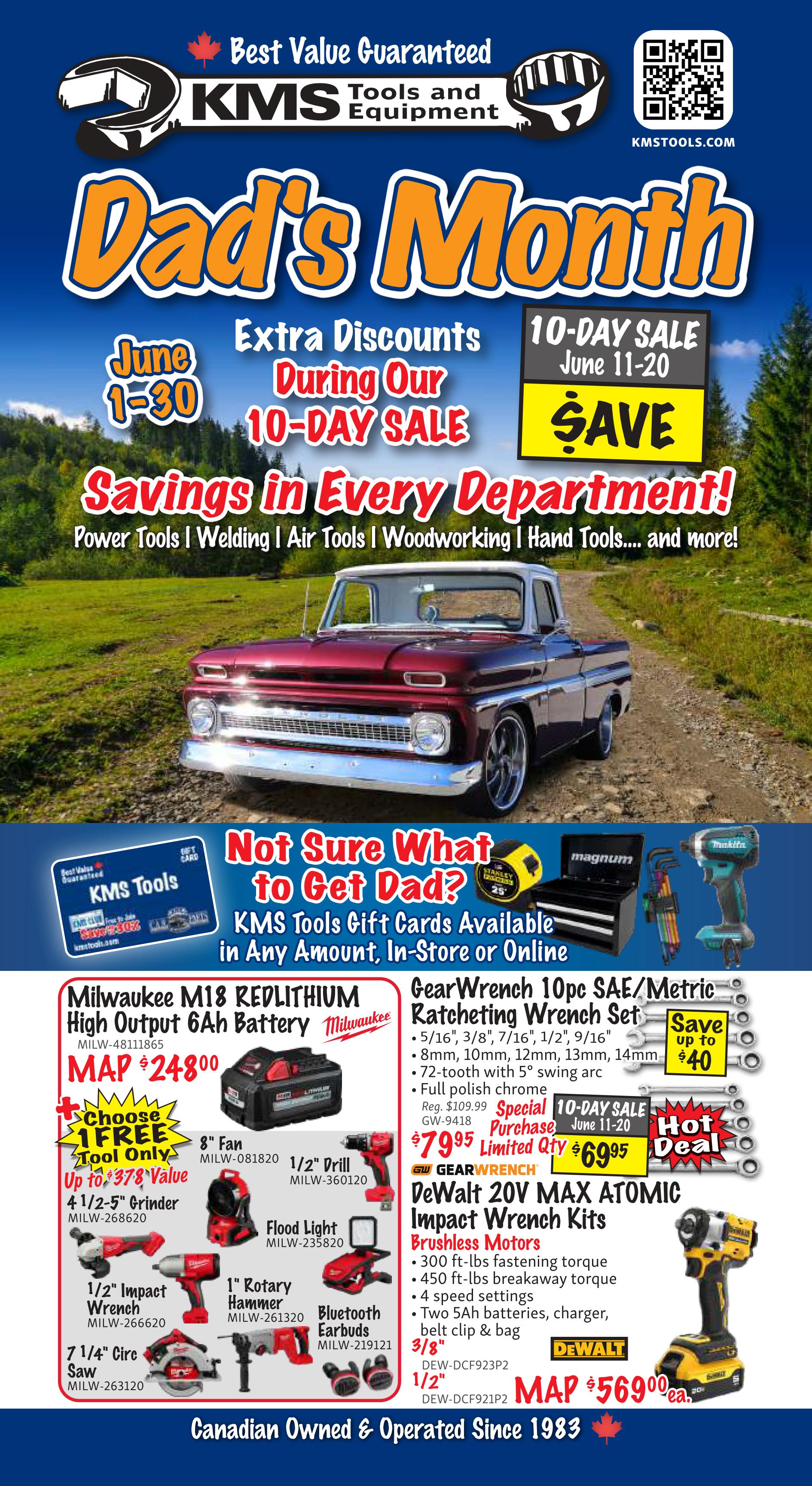 KMS Tools and Equipment Dad's Month flyer, valid June 1-30, featuring extra discounts during a 10-day sale from June 11-20. Savings are available in every department, including Power Tools, Welding, Air Tools, Woodworking, and Hand Tools. The page highlights a Milwaukee M18 REDLITHIUM High Output 6Ah Battery for MAP $248.00, with a choice of 1 free tool up to $78 value. Featured Milwaukee accessories include an 8' Fan (MILW-081820), 1/2' Drill (MILW-360120), 4 1/2-5' Grinder (MILW-268620), Flood Light (MILW-235820), 1/2' Impact Wrench (MILW-266620), 1' Rotary Hammer (MILW-261320), 3/8' Bluetooth Earbuds (MILW-219121), and a 7 1/4' Circ Saw (MILW-263120). Also on sale is a GearWrench 10pc SAE/Metric Ratcheting Wrench Set for a special purchase price of $69.95 (limited quantity), originally $109.99. The DeWalt 20V MAX ATOMIC Impact Wrench Kits with brushless motors are available for MAP $569.00 each. The flyer also promotes KMS Tools Gift Cards. The bottom of the page states 'Canadian Owned & Operated Since 1983'.