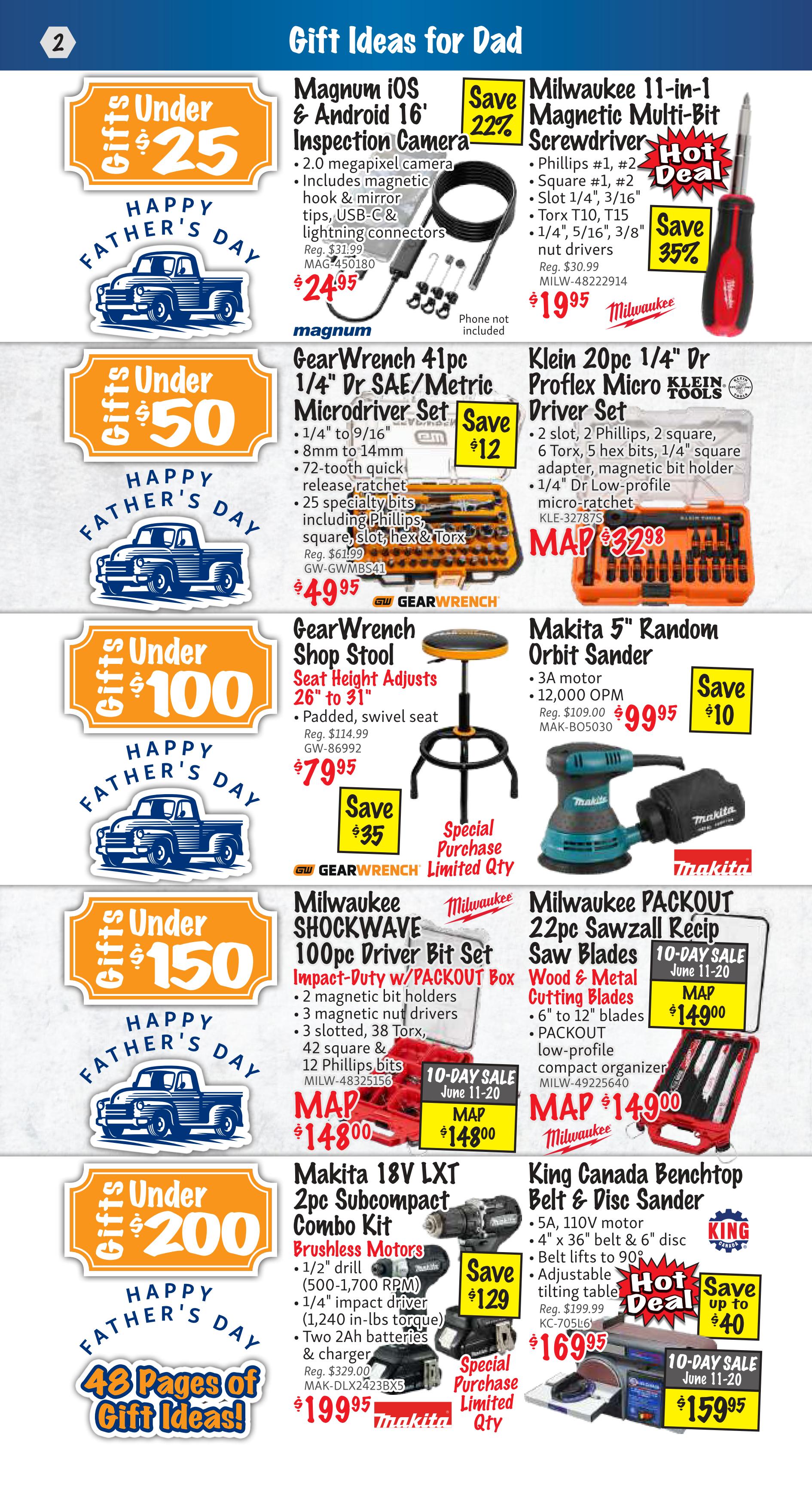 KMS Tools Flyer Specials, Page 2: Gift Ideas for Dad. Features a Magnum iOS & Android 16' Inspection Camera for under $25, on sale for $24.95 (Save 22%). Milwaukee 11-in-1 Magnetic Multi-Bit Screwdriver is $19.95 (Save 35%). Gearwrench 41pc 1/4' Dr SAE/Metric Microdriver Set is under $50, priced at $49.95. Klein 20pc 1/4' Dr Proflex Micro Driver Set is $32.98. Gearwrench Shop Stool with adjustable seat height is under $100, on sale for $79.95 (Save $35). Makita 5' Random Orbit Sander is $99.95 (Save $10). Milwaukee SHOCKWAVE 100pc Driver Bit Set is under $150, with a 10-day sale price of $148.00. Milwaukee PACKOUT 22pc Sawzall Recip Saw Blades for Wood & Metal Cutting Blades is $149.00. Makita 18V LXT 2pc Subcompact Combo Kit is under $200, on sale for $199.95 (Save $129). King Canada Benchtop Belt & Disc Sander is $159.95 (Save up to $40). This page is part of 48 pages of gift ideas.