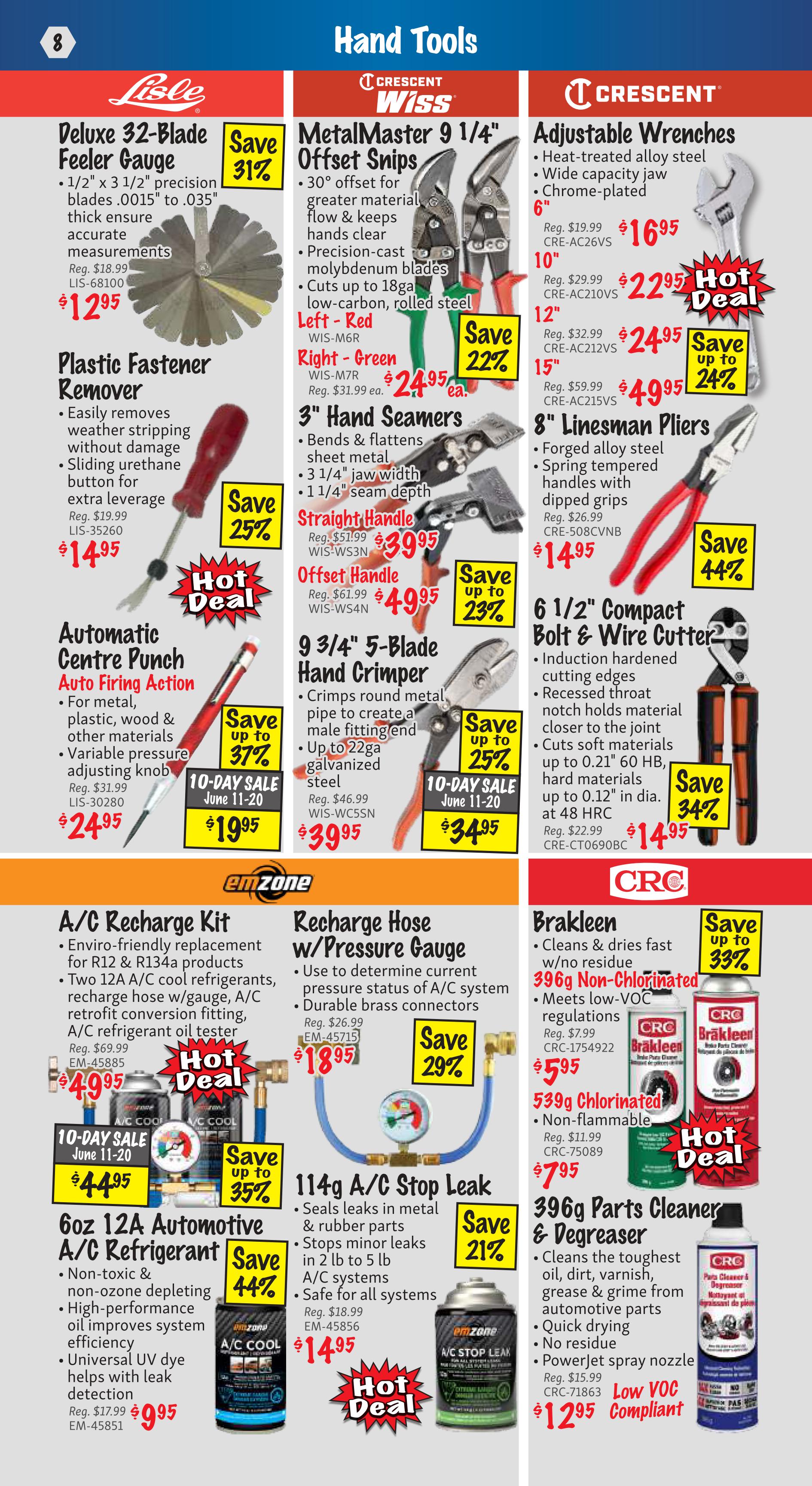 KMS Tools flyer page 8 features a selection of hand tools and automotive supplies. Featured Lisle products include the Deluxe 32-Blade Feeler Gauge for $12.95 (save 31%) and the Plastic Fastener Remover for $14.95 (save 25%). Crescent Wiss offers MetalMaster 9 1/4' Offset Snips in red or green for $24.95 (save 22%), 3' Hand Seamers for $39.95 (save 23%), and Offset Handle 9 3/4' 5-Blade Hand Crimpers for $49.95 (save 23%). Also available are Crescent Adjustable Wrenches in 6', 10', 12', and 15' sizes, with the 15' model priced at $49.95 (save up to 24%), and 8' Linesman Pliers for $14.95 (save 44%). Other Crescent tools include the 6 1/2' Compact Bolt & Wire Cutter for $14.95 (save 34%). Emzone products include an A/C Recharge Kit for $49.95 (Hot Deal, save up to 35%), 6oz 12A Automotive A/C Refrigerant for $9.95 (save 44%), Recharge Hose w/ Pressure Gauge for $18.95 (save 29%), and 114g A/C Stop Leak for $14.95 (Hot Deal, save 21%). CRC products featured are Brakleen 396g Non-Chlorinated for $5.95 (save up to 33%), 539g Chlorinated Brakleen for $7.95, and 396g Parts Cleaner & Degreaser for $12.95 (Low VOC Compliant).