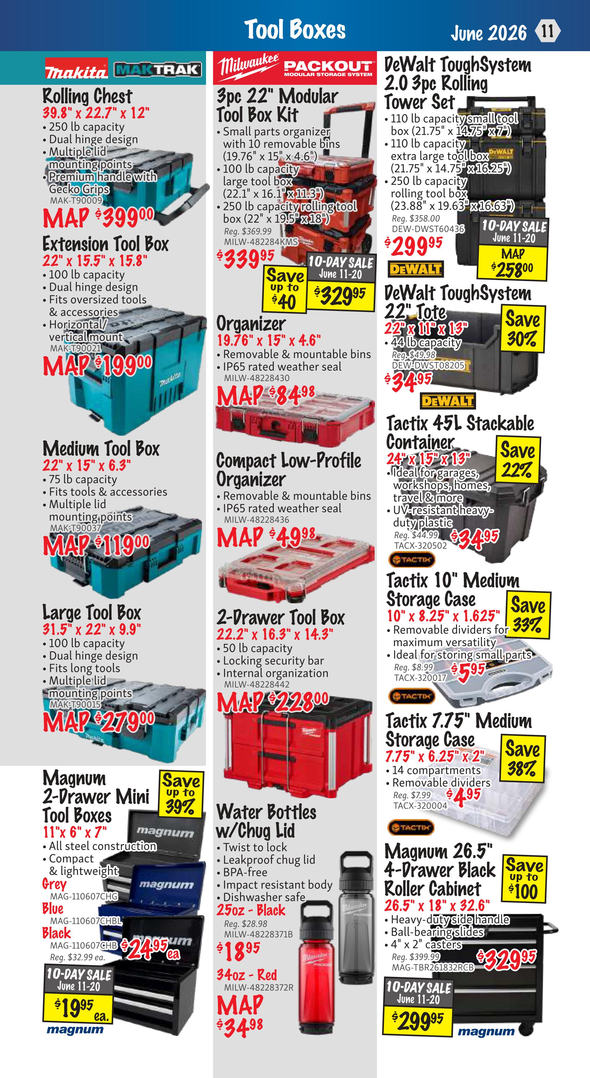 KMS Tools Flyer Specials page 11 features a variety of tool boxes and storage solutions. Makita offers a Rolling Chest for $399.00, an Extension Tool Box for $199.00, a Medium Tool Box for $119.00, and a Large Tool Box for $279.00. Milwaukee presents a 3pc 22' Modular Tool Box Kit on a 10-day sale for $329.95 (save up to $40), and an Organizer for $84.98. DeWalt ToughSystem 2.0 products include a 3pc Rolling Tower Set on sale for $258.00 (regular $358.00) and a 22' Tote on sale for $34.95 (save 30%). Other DeWalt items are the Tacticx 45L Stackable Container for $34.95 (save 22%) and the Tacticx 10' Medium Storage Case for $5.95 (save 33%). Also featured is a Milwaukee 2-Drawer Tool Box for $228.00. Water Bottles with Chug Lids are available in 25oz Black for $18.95 and 34oz Red for $34.98. Magnum offers 2-Drawer Mini Tool Boxes in Grey, Blue, and Black for $24.95 each, with a 10-day sale price of $19.95. Additionally, a Magnum 26.5' 4-Drawer Black Roller Cabinet is on sale for $299.95 (save up to $100) during the 10-day sale.