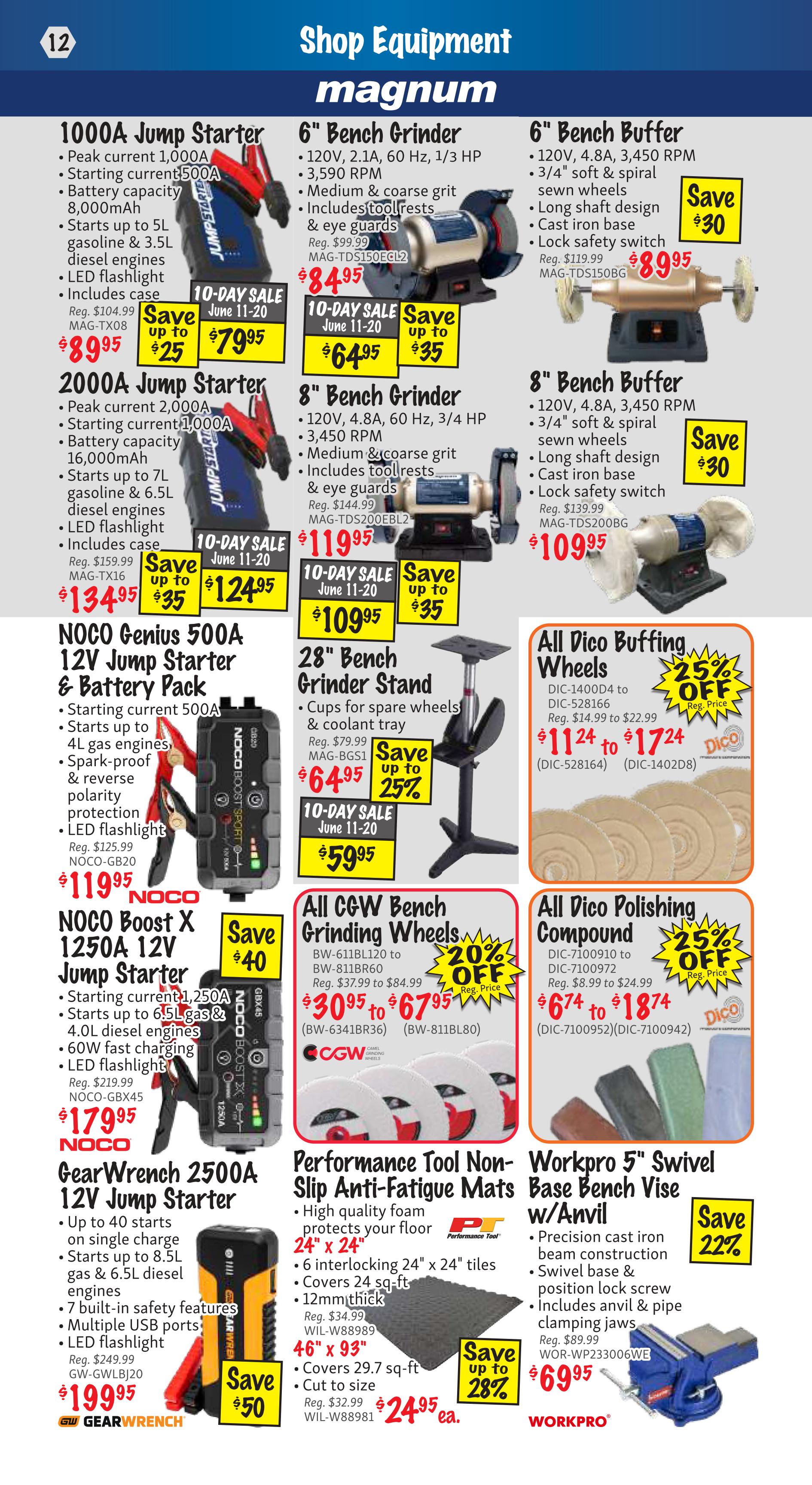 KMS Tools Shop Equipment flyer, page 12. Featured items include a 1000A Jump Starter for $89.95 (save $25), a 2000A Jump Starter for $124.95 (save $35), and a NOCO Genius 500A 12V Jump Starter & Battery Pack for $119.95. Also available are a NOCO Boost X 1250A 12V Jump Starter for $179.95 (save $40) and a GearWrench 2500A 12V Jump Starter for $199.95 (save $50). Grinding and buffing equipment includes a 6' Bench Grinder for $84.95, a 6' Bench Buffer for $89.95 (save $30), an 8' Bench Grinder for $119.95, and an 8' Bench Buffer for $109.95 (save $30). A 28' Bench Grinder Stand is on sale for $59.95 (save up to 25%). Also featured are All CGW Bench Grinding Wheels with 20% off, priced from $30.95 to $67.95. All Dico Buffing Wheels are 25% off, priced from $11.24 to $17.24. All Dico Polishing Compound is 25% off, priced from $6.74 to $18.74. Performance Tool Non-Slip Anti-Fatigue Mats (24' x 24') are $24.95 each (save up to 28%). Workpro 5' Swivel Base Bench Vise w/Anvil is $69.95 (save 22%).