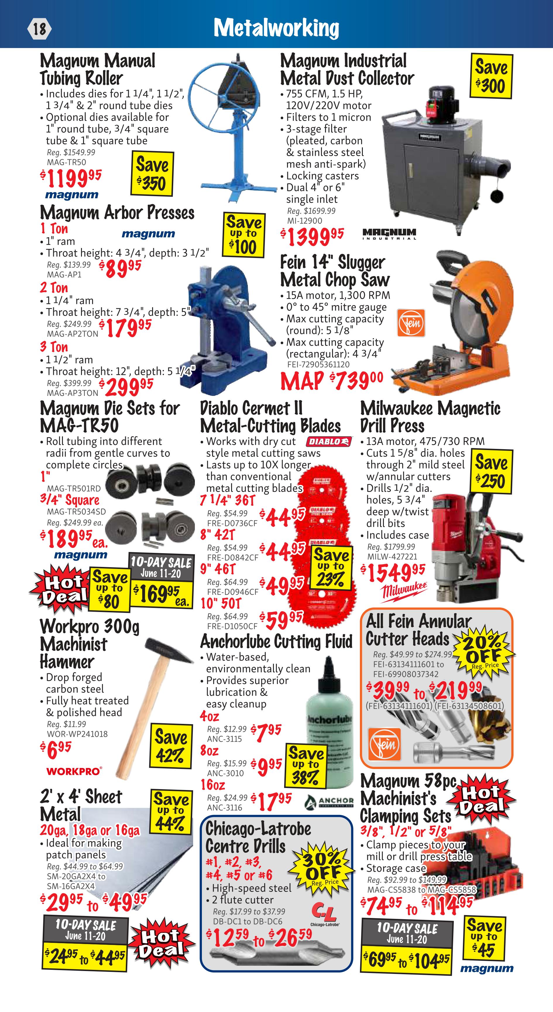 KMS Tools Metalworking flyer, page 18. Featured products include the Magnum Manual Tubing Roller for $119.95 (save $350), Magnum Arbor Presses starting at $89.95, and Magnum Die Sets for MAG-TR50 at $18.95 each. Also available are the Workpro 300g Machinist Hammer for $6.95 and 2' x 4' Sheet Metal (20ga, 18ga or 16ga) from $29.95 to $49.95, with a 10-day sale price from $24.95 to $44.95. The Magnum Industrial Metal Dust Collector is on sale for $1399.95 (save $300). The Fein 14' Slugger Metal Chop Saw is priced at $739.00. Diablo Cermet II Metal-Cutting Blades are available for $44.95 to $59.95, with up to 23% off. Anchorlube Cutting Fluid is available in 4oz for $7.95, 8oz for $9.95, and 16oz for $17.95. Chicago-Latrobe Centre Drills are on sale from $12.59 to $26.59 with 30% off. The Milwaukee Magnetic Drill Press is $1549.95 (save $250). All Fein Annular Cutter Heads are 20% off, with prices ranging from $39.99 to $219.99. Finally, Magnum 58pc Machinist's Clamping Sets are on sale from $74.95 to $114.95, with a 10-day sale price from $69.95 to $104.95.