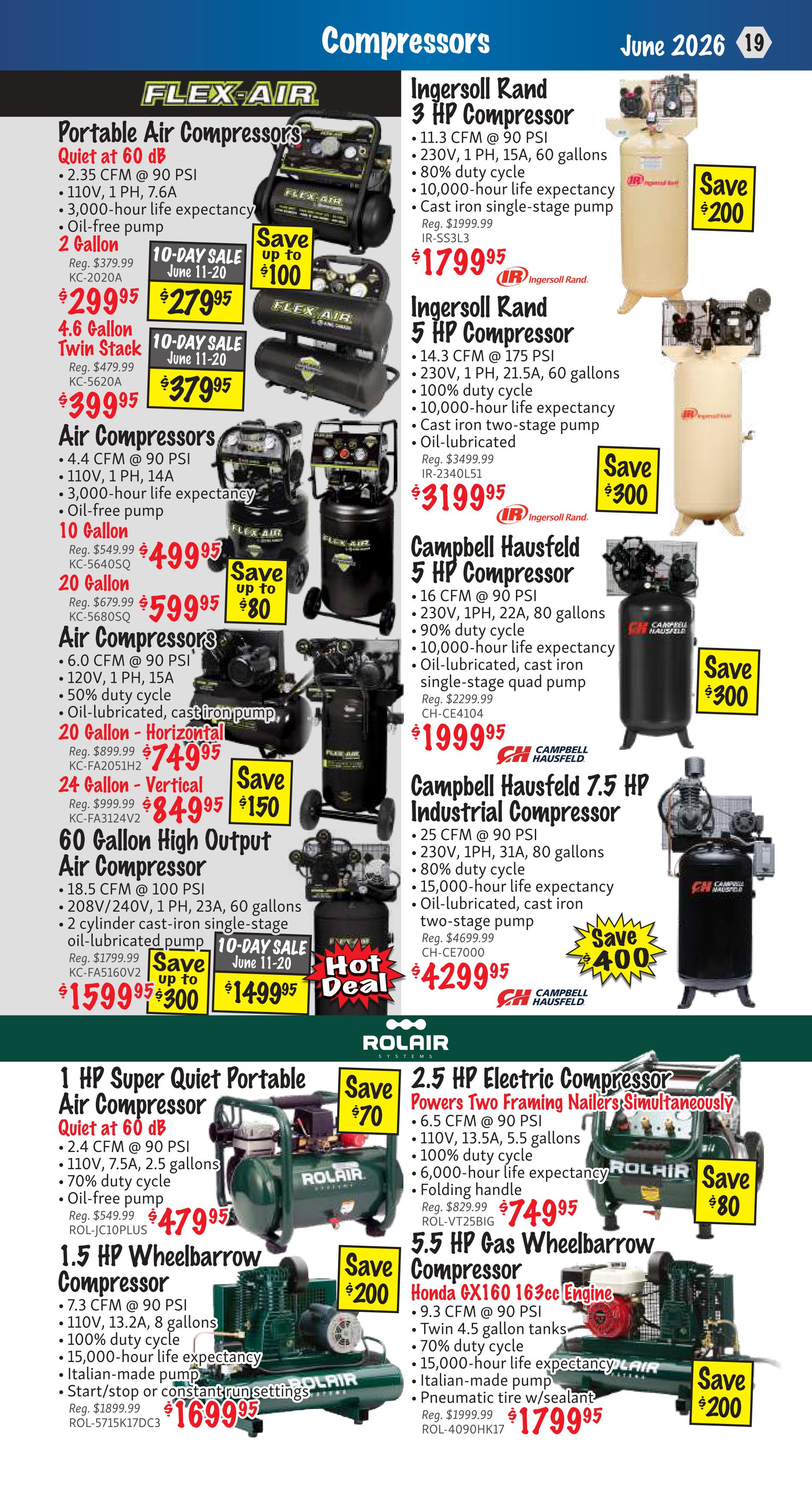 KMS Tools Flyer Specials page 19 features a variety of air compressors. On sale are Flex-Air Portable Air Compressors: a 2 Gallon Quiet at 60 dB model for $299.95 (save up to $100), and a 4.6 Gallon Twin Stack for $379.95 (10-day sale June 11-20). Also available are Flex-Air Air Compressors: a 10 Gallon model for $499.95, a 20 Gallon model for $599.95 (save up to $80), a 20 Gallon Horizontal for $749.95, a 24 Gallon Vertical for $849.95 (save up to $150), and a 60 Gallon High Output model for $1499.95 (Hot Deal, save up to $300). Ingersoll Rand compressors include a 3 HP model for $179.95 (save $200) and a 5 HP model for $319.95 (save $300). Campbell Hausfeld compressors featured are a 5 HP model for $199.95 (save $300) and a 7.5 HP Industrial Compressor for $429.95 (save $400). Rolair offers a 1 HP Super Quiet Portable Air Compressor for $479.95 (save $70), a 2.5 HP Electric Compressor for $74.95 (save $80), and a 5.5 HP Gas Wheelbarrow Compressor with Honda GX160 engine for $179.95 (save $200).