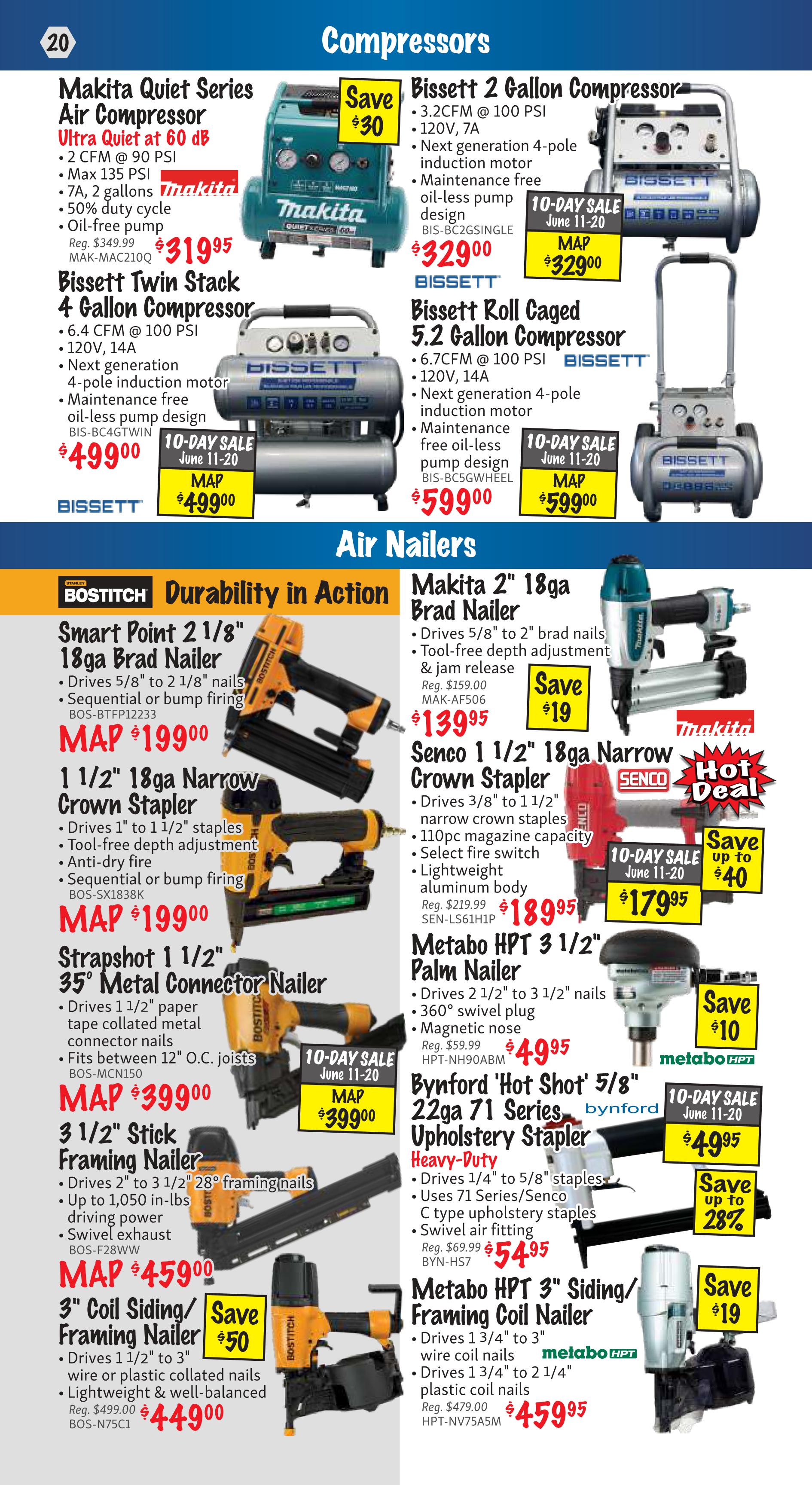 KMS Tools Flyer Specials Page 20 features Compressors and Air Nailers. Compressors include the Makita Quiet Series Ultra Quiet Air Compressor at $319.95, Bissett 2 Gallon Compressor for $329.00, Bissett Twin Stack 4 Gallon Compressor for $499.00, and Bissett Roll Caged 5.2 Gallon Compressor for $599.00. Air Nailers include the Bostitch Smart Point 2 1/8' 18ga Brad Nailer for $199.00, Makita 2' 18ga Brad Nailer on sale for $139.95 (Save $19), Senco 1 1/2' 18ga Narrow Crown Stapler for $189.95 (Hot Deal, Save up to $40), Bostitch 1 1/2' 35° Metal Connector Nailer for $399.00, Metabo HPT 3 1/2' Palm Nailer for $49.95 (Save $10), Bostitch 3 1/2' Stick Framing Nailer for $459.00, Byford Hot Shot 5/8' 22ga Upholstery Stapler for $49.95 (Save up to 28%), Bostitch 3' Coil Siding/Framing Nailer for $449.00 (Save $50), and Metabo HPT 3' Siding/Framing Coil Nailer for $459.95 (Save $19).