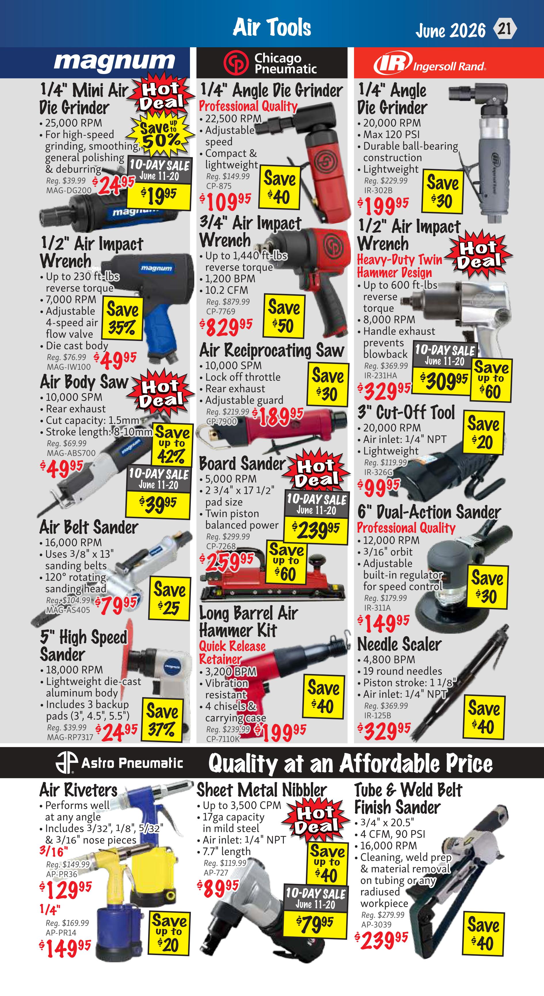 KMS Tools Flyer Specials, Page 21. This page features a variety of air tools. Top row includes: Magnum 1/4' Mini Air Die Grinder for $19.95 (save up to 50%), Chicago Pneumatic 1/4' Angle Air Die Grinder for $109.95 (save $40), and Ingersoll Rand 1/4' Angle Air Die Grinder for $19.95 (save $30). Middle row features: Magnum 1/2' Air Impact Wrench for $49.95 (save 35%), Chicago Pneumatic 3/4' Air Impact Wrench for $82.95 (save $50), and Ingersoll Rand 1/2' Air Impact Wrench for $329.95 (save up to $60). Other tools include: Magnum Air Body Saw for $49.95 (save 42%), Chicago Pneumatic Air Reciprocating Saw for $189.95 (save $30), Ingersoll Rand 3' Cut-Off Tool for $99.95 (save $20), Magnum Air Belt Sander for $79.95 (save $25), Chicago Pneumatic Board Sander for $239.95 (save up to $60), and Ingersoll Rand 6' Dual-Action Sander for $149.95 (save $30). Also featured are: Magnum 5' High Speed Sander for $24.95 (save 37%), Chicago Pneumatic Long Barrel Air Hammer Kit for $199.95 (save $40), and Ingersoll Rand Needle Scaler for $329.95 (save $40). Bottom section highlights Astro Pneumatic Air Riveters starting at $129.95 (save up to $20), Sheet Metal Nibbler for $79.95 (save up to $40), and Tube & Weld Belt Finish Sander for $239.95 (save $40).