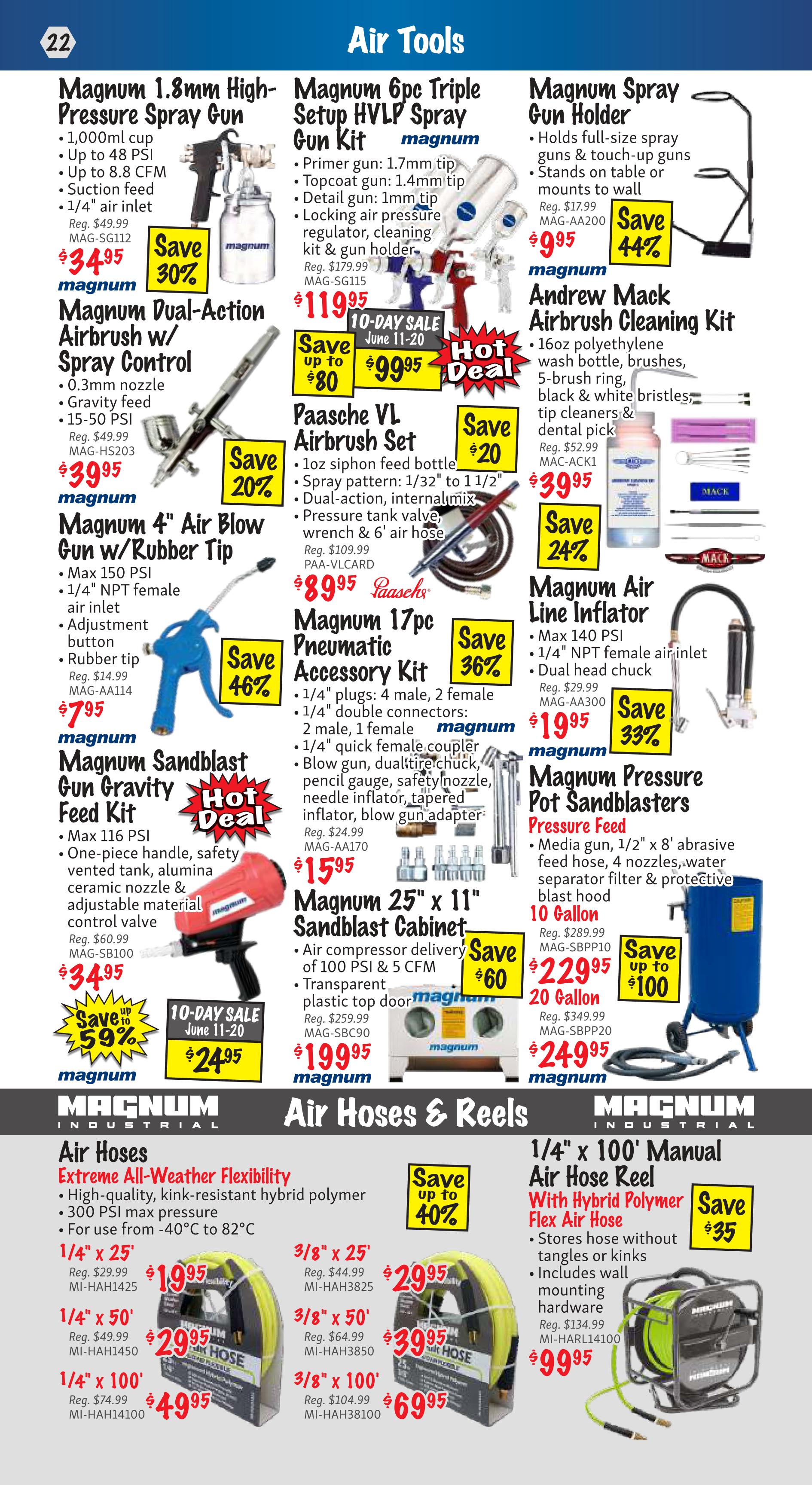 KMS Tools flyer page 22 features a wide selection of air tools. Top deals include the Magnum 1.8mm High-Pressure Spray Gun for $34.95 (save 30%), Magnum Dual-Action Airbrush w/ Spray Control for $39.95 (save 20%), and Magnum 4' Air Blow Gun w/ Rubber Tip for $7.95 (save 46%). Also featured is the Magnum 6pc Triple Setup HVLP Spray Gun Kit for $99.95 (save up to $80), Paasche VL Airbrush Set for $89.95, and Magnum 17pc Pneumatic Accessory Kit for $15.95 (save 36%). The Magnum Spray Gun Holder is $9.95 (save 44%), and the Andrew Mack Airbrush Cleaning Kit is $39.95 (save 24%). For larger equipment, the Magnum Sandblast Gun Gravity Feed Kit is $34.95 (save up to 59%), and the Magnum 25' x 11' Sandblast Cabinet is $199.95 (save $60). The page also highlights Magnum Air Hoses and Reels, with various lengths of 1/4' and 3/8' air hoses on sale, starting at $19.95. The 1/4' x 100' Manual Air Hose Reel with Hybrid Polymer Flex Air Hose is available for $99.95 (save $35).
