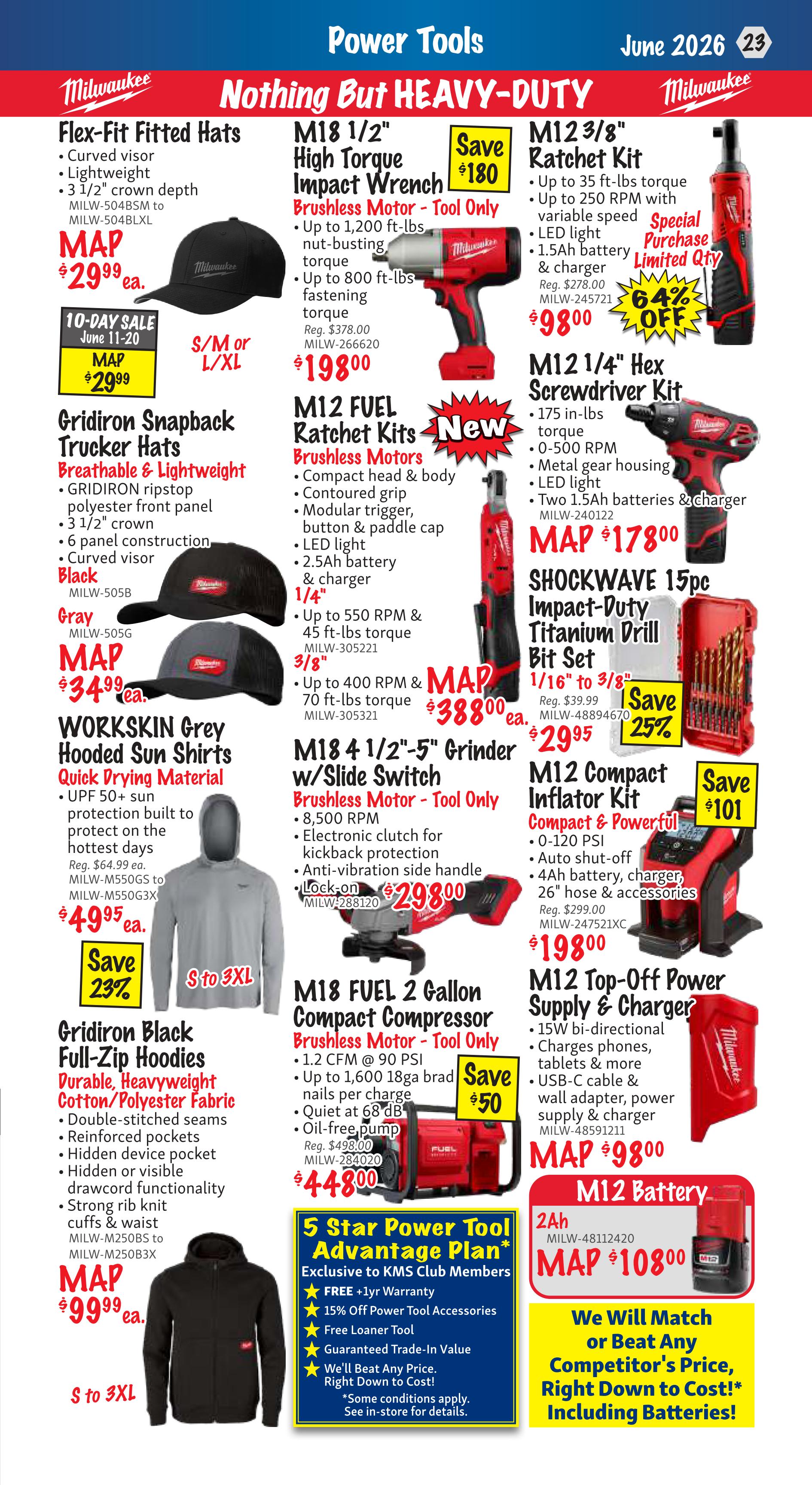 KMS Tools Power Tools Flyer, Page 23. Featured products include Milwaukee Flex-Fit Fitted Hats for $29.99 each, available in S/M or L/XL. Also, Gridiron Snapback Trucker Hats in Black or Gray for $34.99 each. The WORKSSKIN Grey Hooded Sun Shirts are on sale for $49.95 each, a 23% saving. Milwaukee M18 1/2' High Torque Impact Wrench is $198.00, saving $180. The M12 FUEL Ratchet Kits are new, with the 3/8' model at $98.00, a 64% off special purchase with limited quantity. The M12 1/4' Hex Screwdriver Kit is MAP $178.00. The SHOCKWAVE 15pc Impact-Duty Titanium Drill Bit Set is $29.95, saving 25%. The M18 4 1/2'-5' Grinder w/Slide Switch is $298.00. The M12 Compact Inflator Kit is $198.00, saving $101. The M18 FUEL 2 Gallon Compact Compressor is $44.80, saving $50. The M12 Top-Off Power Supply & Charger is MAP $98.00. The M12 Battery 2Ah is MAP $108.00. Also featured is the Gridiron Black Full-Zip Hoodies for $99.99 each, available in S to 3XL. The 5 Star Power Tool Advantage Plan is exclusive to KMS Club Members, offering FREE +1yr Warranty, 15% off power tool accessories, a free loaner tool, and guaranteed trade-in value. KMS Tools will match or beat any competitor's price, right down to cost, including batteries.
