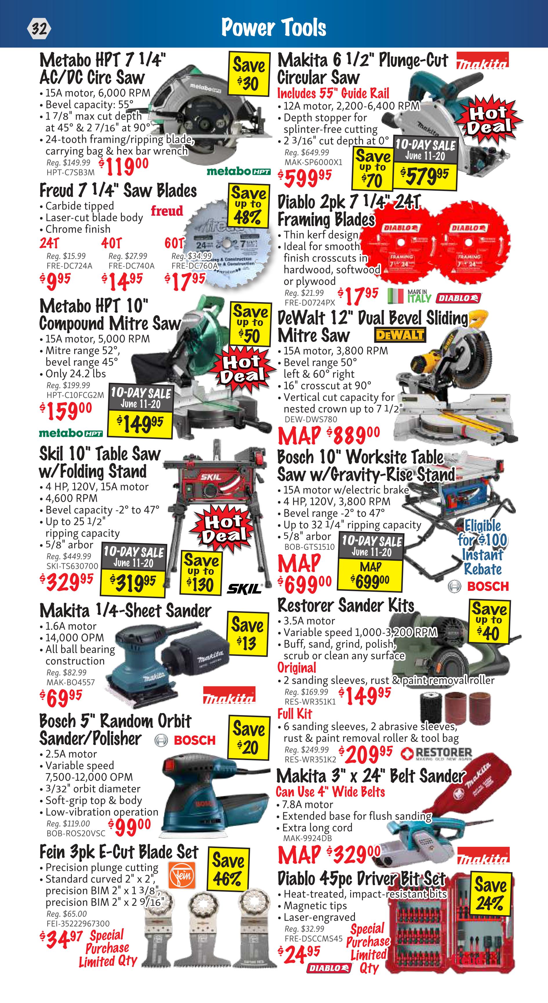KMS Tools Power Tools flyer page 32 features a variety of tools and accessories. Featured items include the Metabo HPT 7 1/4' AC/DC Circ Saw for $119.00 (regularly $149.99), Freud 7 1/4' Saw Blades starting at $9.95, Metabo HPT 10' Compound Mitre Saw for $159.00 (10-day sale price $149.95), Skil 10' Table Saw w/Folding Stand for $329.95 (10-day sale price $319.95), Makita 6 1/2' Plunge-Cut Circular Saw for $579.95 (10-day sale price, save $70), Diablo 2pk 7 1/4' Framing Blades for $17.95, DeWalt 12' Dual Bevel Sliding Mitre Saw for MAP $889.00, Bosch 10' Worksite Table Saw w/Gravity-Rise Stand for MAP $699.00 with an eligible $100 instant rebate, Makita 1/4-Sheet Sander for $69.95, Bosch 5' Random Orbit Sander/Polisher for $99.00, Restorer Sander Kits starting at $149.95 for Original and $209.95 for Full Kit, Fein 3pk E-Cut Blade Set for $34.97 (save 46%), Makita 3' x 24' Belt Sander for MAP $329.00, and Diablo 45pc Driver Bit Set for $24.95 (save 24%).