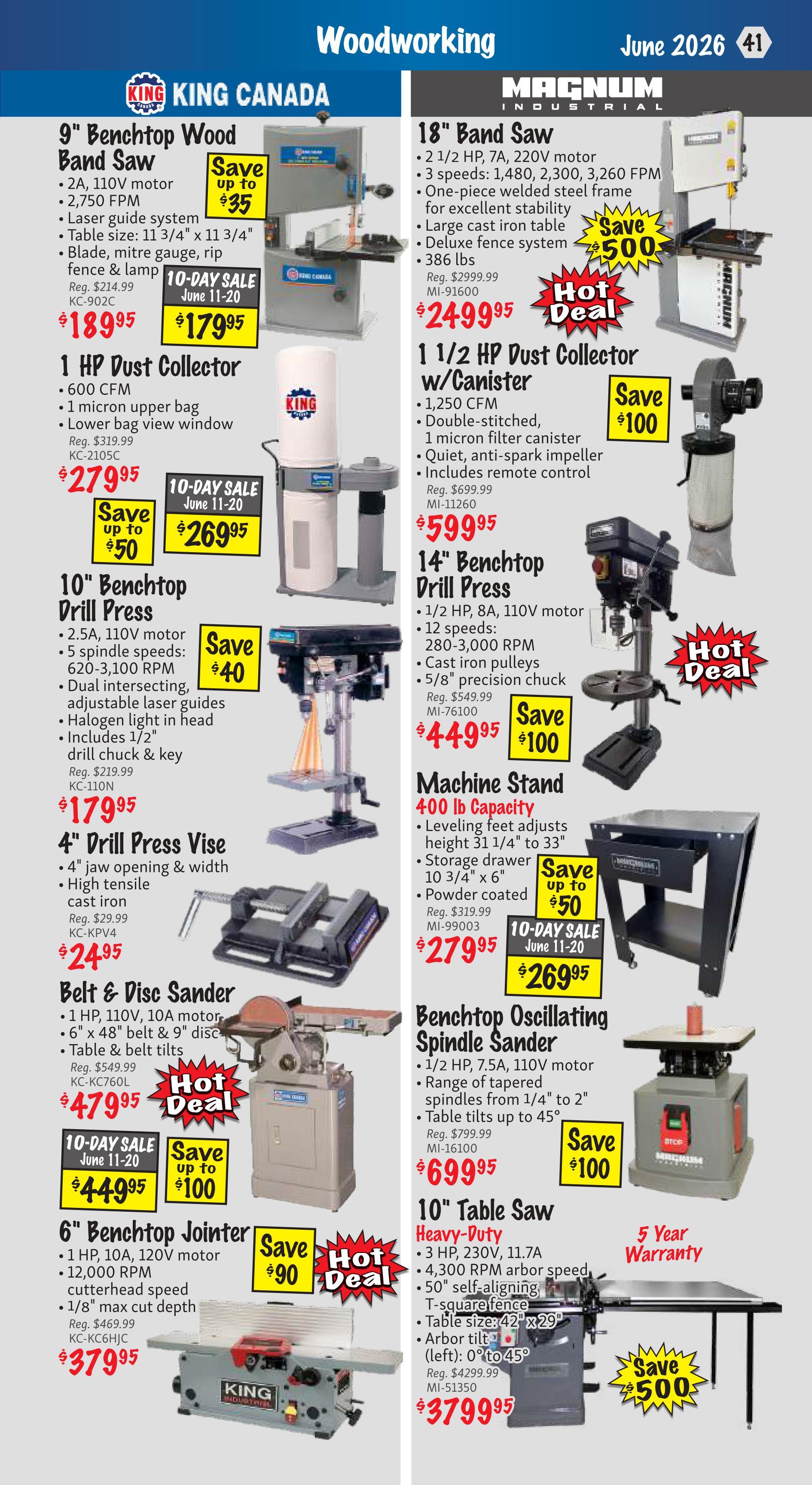 KMS Tools Woodworking flyer, page 41, featuring various tools on sale. Highlights include a 9' Benchtop Wood Band Saw for $179.95 (save up to $35), a 1 HP Dust Collector for $269.95 (save up to $50), a 10' Benchtop Drill Press for $179.95 (save $40), and a 4' Drill Press Vise for $24.95. Also featured is a Belt & Disc Sander for $449.95 (save up to $100), and a 6' Benchtop Jointer for $379.95 (save $90). On the right side, an 18' Band Saw is available for $2499.95 (Hot Deal), a 1 1/2 HP Dust Collector w/Canister for $599.95 (save $100), a 14' Benchtop Drill Press for $449.95 (save $100), and a Machine Stand for $269.95 (save up to $50). Additionally, a Benchtop Oscillating Spindle Sander is on sale for $699.95 (save $100), and a 10' Table Saw (Heavy-Duty) is priced at $379.95 with a 5-year warranty and save $500.