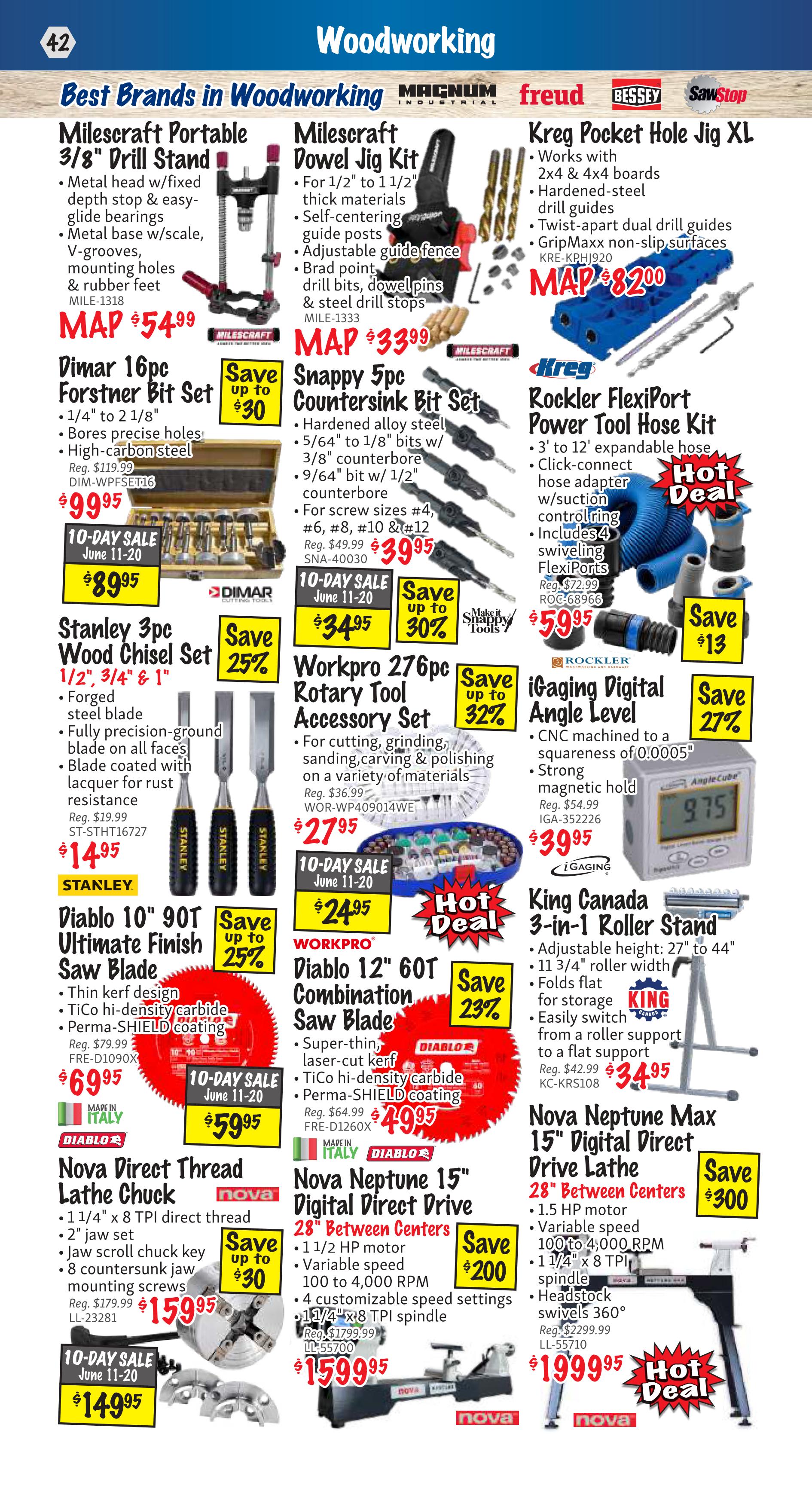 KMS Tools Woodworking flyer page 42 featuring 'Best Brands in Woodworking' with deals on Milescraft, Kreg, Dimar, Snappy, Stanley, Workpro, Rockler, iGaging, King Canada, and Nova Neptune. Deals include Milescraft Portable 3/8' Drill Stand for $54.99, Milescraft Dowel Jig Kit for $33.99, and Kreg Pocket Hole Jig XL for $82.00. Also featured are Dimar 16pc Forstner Bit Set for $89.95, Snappy 5pc Countersink Bit Set for $39.95, Rockler FlexiPort Power Tool Hose Kit for $59.95. Stanley 3pc Wood Chisel Set is on sale for $14.95, with a 25% saving. Workpro 276pc Rotary Tool Accessory Set is $27.95, with up to 32% off. iGaging Digital Angle Level is $39.95, with a 27% saving. Diablo 10' 90T Ultimate Finish Saw Blade is $69.95, with up to 25% off. Diablo 12' 60T Combination Saw Blade is $49.95. Nova Direct Thread Lathe Chuck is $159.95, with up to $30 savings. Nova Neptune 15' Digital Direct Drive 28' Between Centers is $159.95, with up to $200 savings. King Canada 3-in-1 Roller Stand is $34.95. Nova Neptune Max 15' Digital Direct Drive Lathe is $199.95, with up to $300 savings.