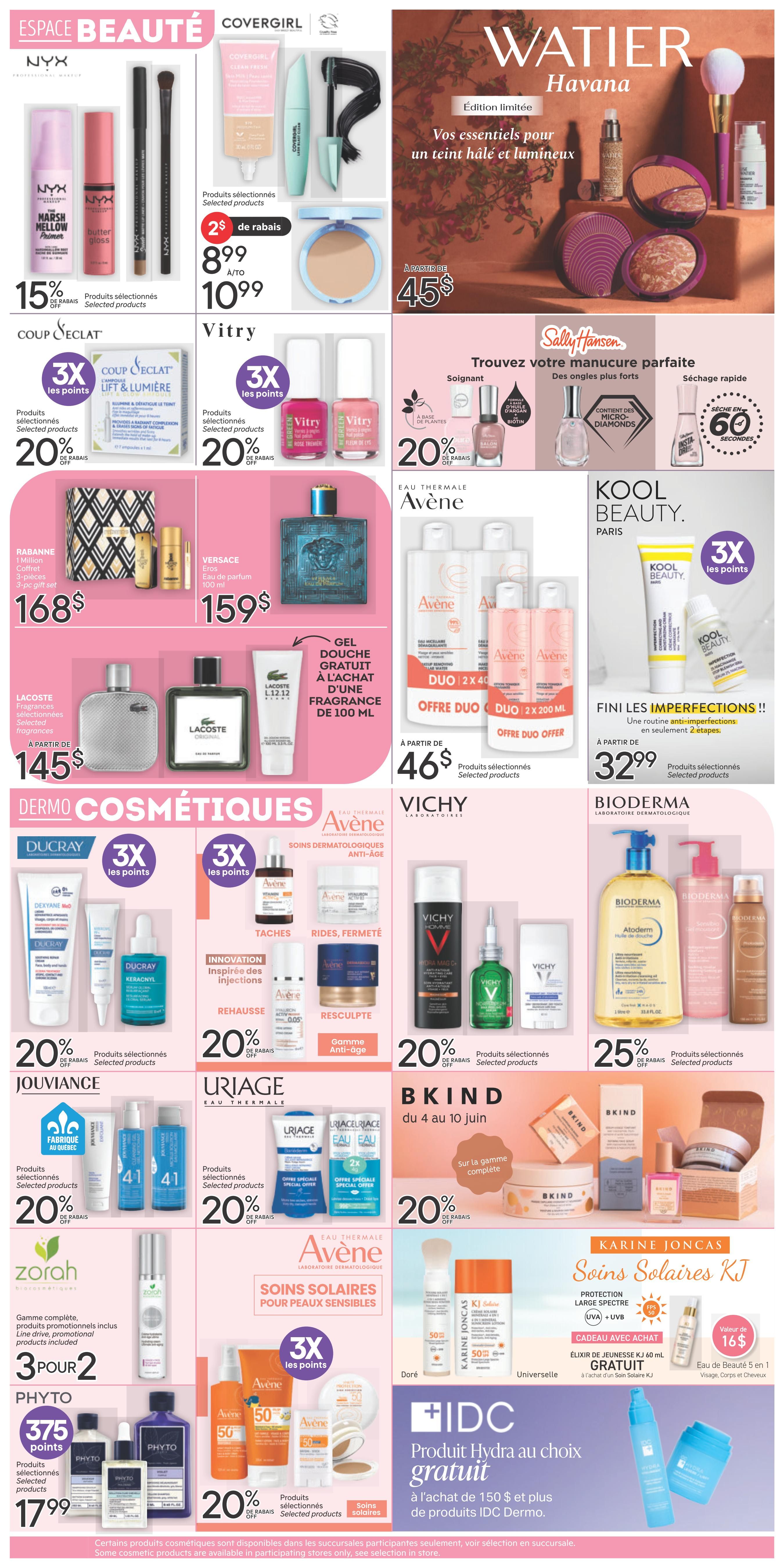 Brunet weekly flyer specials page 5 featuring a wide range of beauty and cosmetic products. Highlights include NYX Marsh Mellow Primer and Butter Gloss on sale for $8.99 to $10.99 with a $2 rebate, and Covergirl Clean Fresh Mascara and Eyeliner for $45.99. Vitry nail polish and Coup d'Éclat products offer 3x points and 20% off. Rabanne 1 Million Coffret is $168, and Versace Eros Eau de Parfum 100 ml is $159. Lacoste fragrances are available starting at $145. Avène offers a free 100 ml fragrance-infused shower gel with purchase of selected fragrances, with duo packs of Avène lotions starting at $46. Kool Beauty Paris products are 3x points. Vichy and Bioderma skincare lines are featured with 20% and 25% off selected products respectively. Uriage Eau Thermale and Jouvance products are 20% off. BKind products are 20% off. Avène sun care for sensitive skin and Karine Joncas sun care are also featured. IDC Dermo offers a free Hydra product with a purchase of $150 or more.