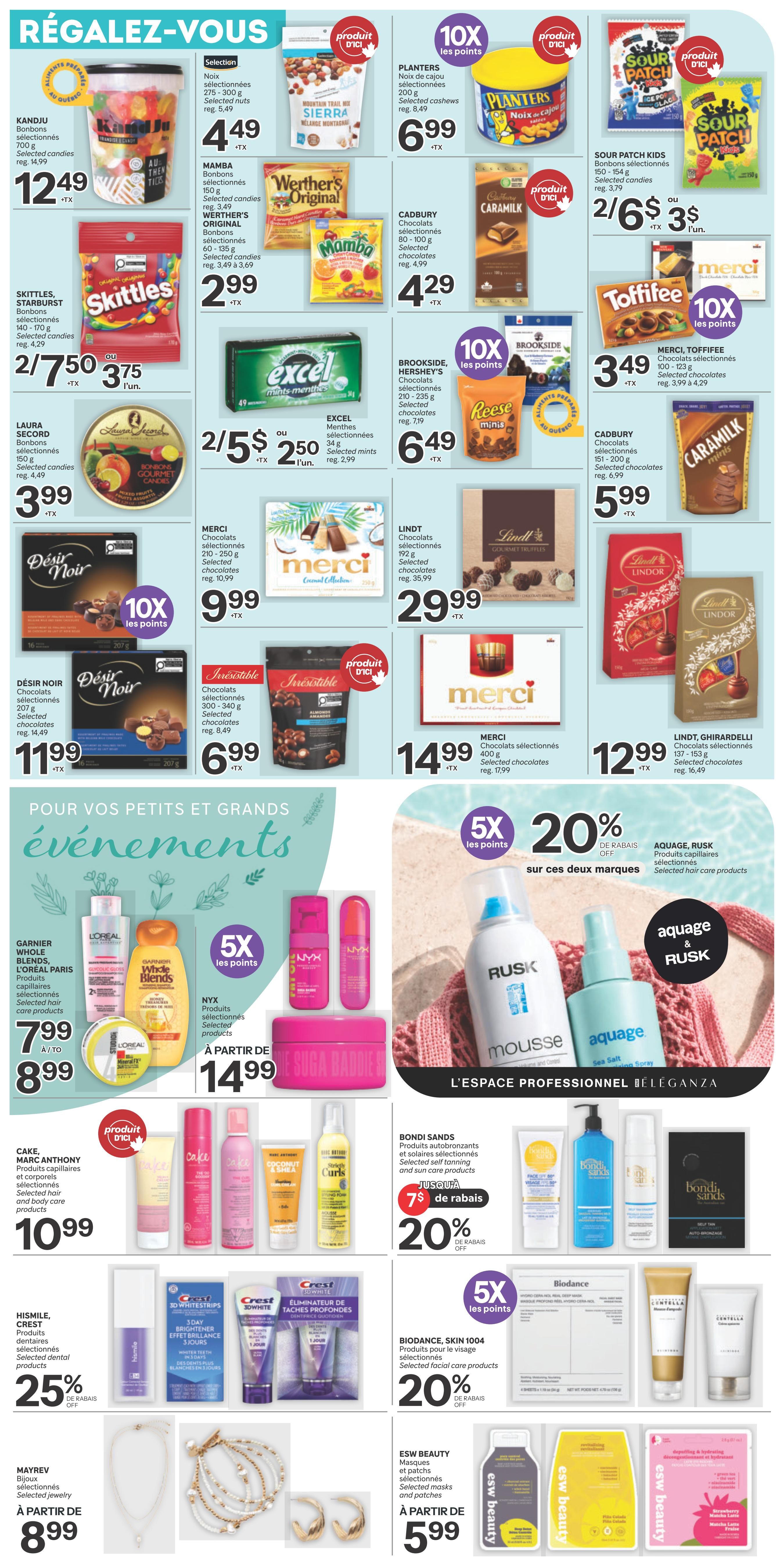 Brunet weekly flyer specials page 8 features a wide variety of products. Top section showcases 'Régalez-vous' (Treat Yourself) with numerous candy and chocolate offers. Highlights include Kandju selected candies for $12.49, Sierra Mountain Trail Mix selected nuts for $6.99, Planters selected cashews for $6.99, and Sour Patch Kids selected candies at 2 for $6 or $3 each. Also featured are Skittles/Starburst selected candies at 2 for $7.50 or $3.75 each, Mamba and Werther's Original selected candies for $2.99, Cadbury Caramilk selected chocolates for $4.29, and Brookside/Hershey's selected chocolates for $6.49. Excel Menthos selected mints are 2 for $5 or $2.50 each. Merci, Toffifee selected chocolates are $3.49. Desir Noir selected chocolates are $11.99. Irresistible selected chocolates are $6.99. Merci selected chocolates (400g) are $14.99. Lindt, Ghirardelli selected chocolates are $12.99. Lindt selected chocolates are $29.99. The middle section, 'Pour vos petits et grands événements' (For your small and big events), offers beauty and hair care products. Garnier Whole Blends, L'Oréal Paris selected hair care products are $7.99 to $8.99. NYX selected products are starting at $14.99. Aquage & Rusk professional hair care products are featured with a 20% discount. The bottom section includes Bondi Sands self-tanning and sun care products with $7 off or 20% off. Biodance selected facial care products are 20% off. Cake, Marc Anthony selected hair and body care products are $10.99. Hismile, Crest selected dental products are 25% off. Mayrev selected jewelry starting at $8.99. Esw Beauty selected masks and patches are $5.99.