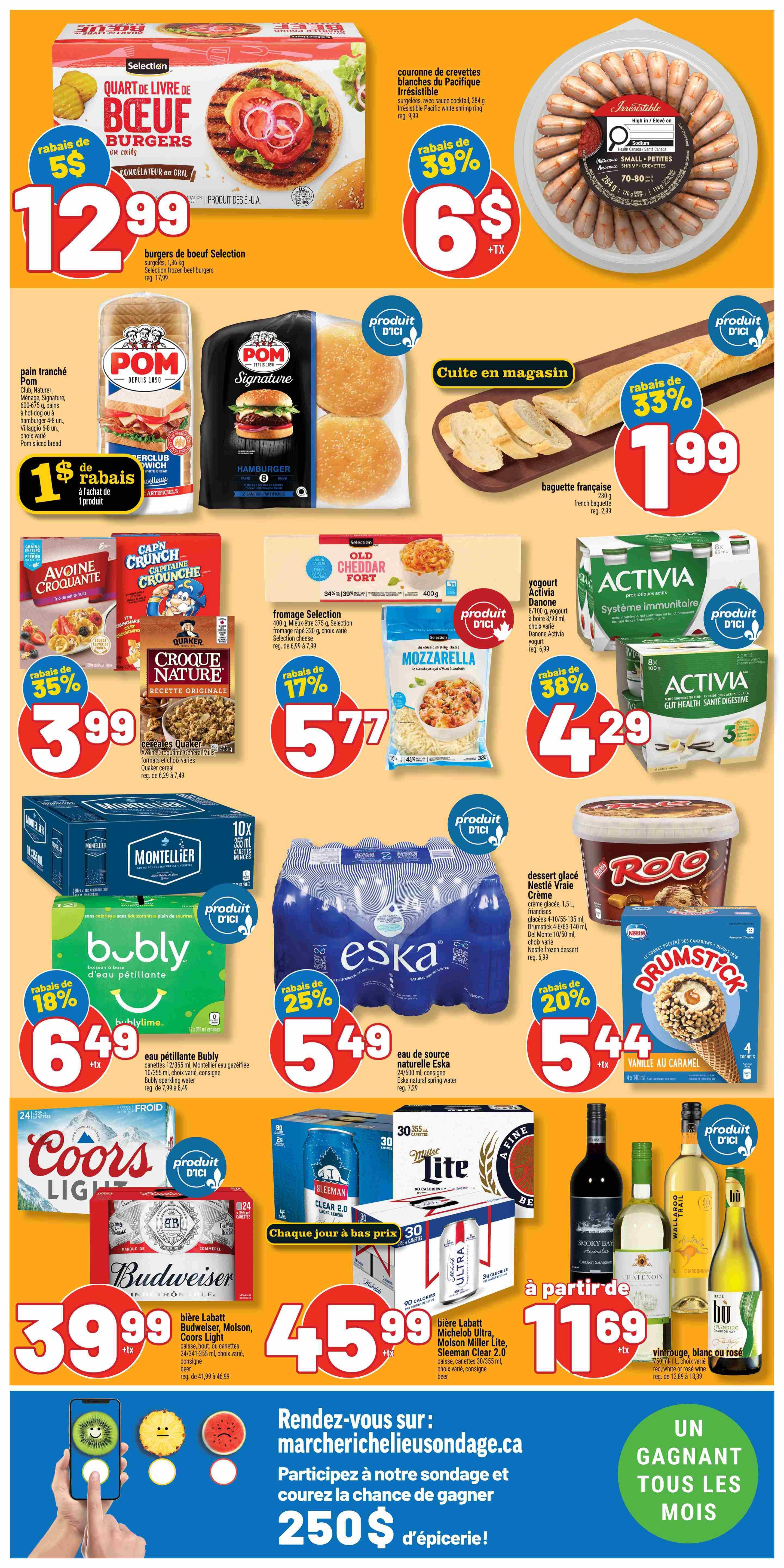 Marché Richelieu weekly flyer specials page 2. Featuring Selection beef burgers on sale for $12.99, a 39% discount on Pacific white shrimp for $6, and French baguette for $1.99 with a 33% discount. Also available are POM Signature hamburger buns for $1 off, Quaker Croque Nature cereal for $3.99 (35% off), Selection shredded cheese (Old Cheddar Fort and Mozzarella) for $5.77 (17% off), and Danone Activia yogurt for $4.29 (38% off). Beverage deals include Bubly sparkling water for $6.49 (18% off), Eska natural spring water for $5.49 (25% off), and Nestlé Rolo frozen dessert for $5.44 (20% off). Beer specials include Budweiser, Molson Coors Light, Sleeman Clear 2.0, and Michelob Ultra 24/355 ml cans for $39.99 and $45.99. Wine is available starting at $1.69. The page also promotes a contest to win $250 in groceries by participating in a survey at marchelichelieusondage.ca.