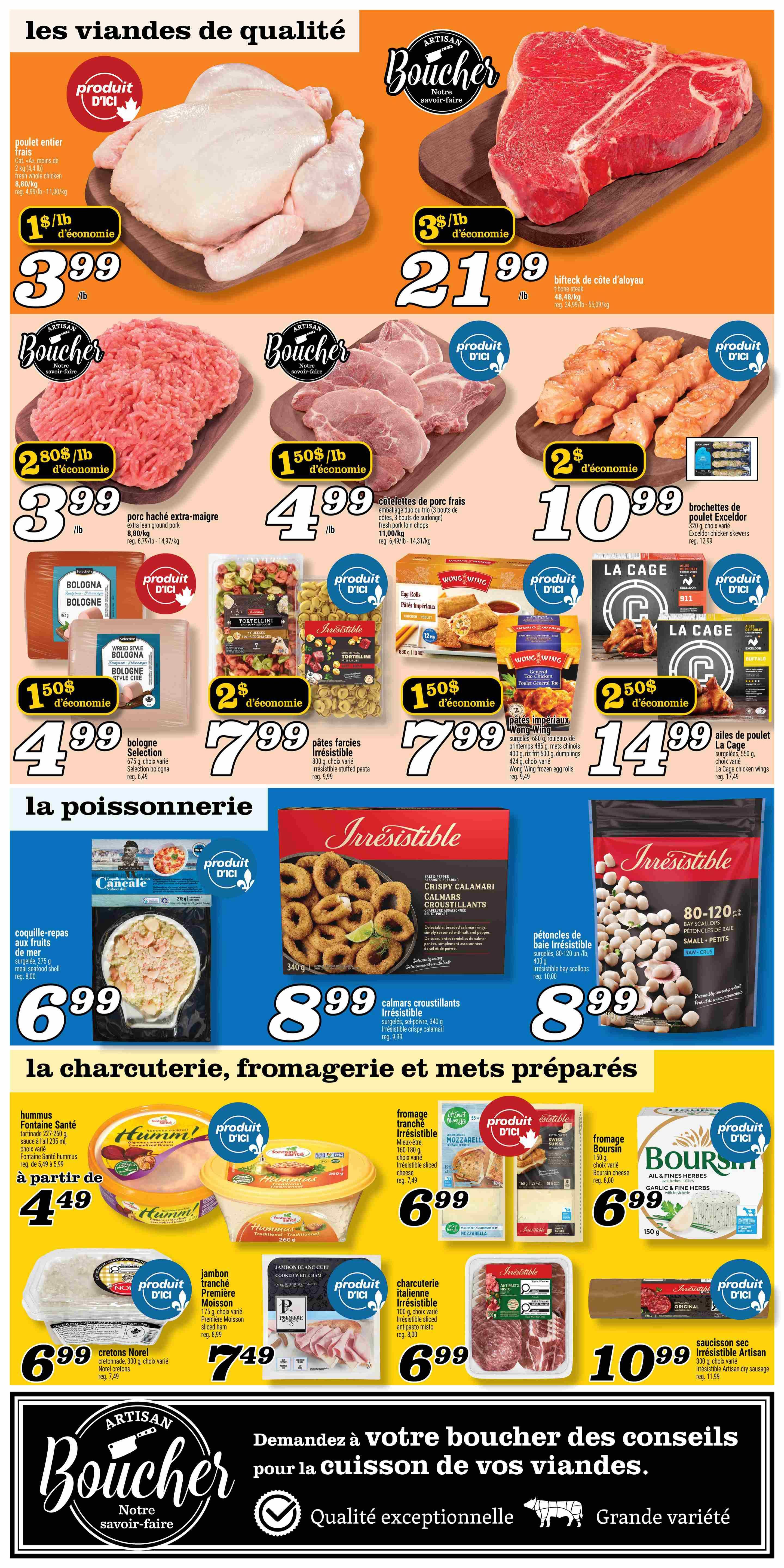 Marché Richelieu weekly flyer specials page 3. Quality meats section features whole chicken for $3.99/lb, T-bone steak for $21.99/lb, extra lean ground pork for $3.99/lb, and fresh pork loin chops for $4.99/lb. Also available are Excelsior chicken skewers for $10.99, Selection bologna for $4.99, and Irresistible stuffed pasta for $7.99. Wong Wing frozen egg rolls are $7.99. La Cage chicken wings are $14.99. Seafood section includes Cancale mussels for $6.99 and Irresistible crispy calamari for $8.99. Irresistible bay scallops are $8.99. Deli, cheese, and prepared foods section offers Fontaine Santé hummus starting at $4.99, Irresistible sliced cheese for $6.99, Boursin cheese for $6.99, Norel cretons for $6.99, Premier Moisson sliced ham for $7.49, Irresistible Italian sliced charcuterie for $6.99, and Irresistible Artisan dry sausage for $10.99. The bottom features Artisan Boucher 'Our know-how' with 'Quality exceptional' and 'Great variety'.