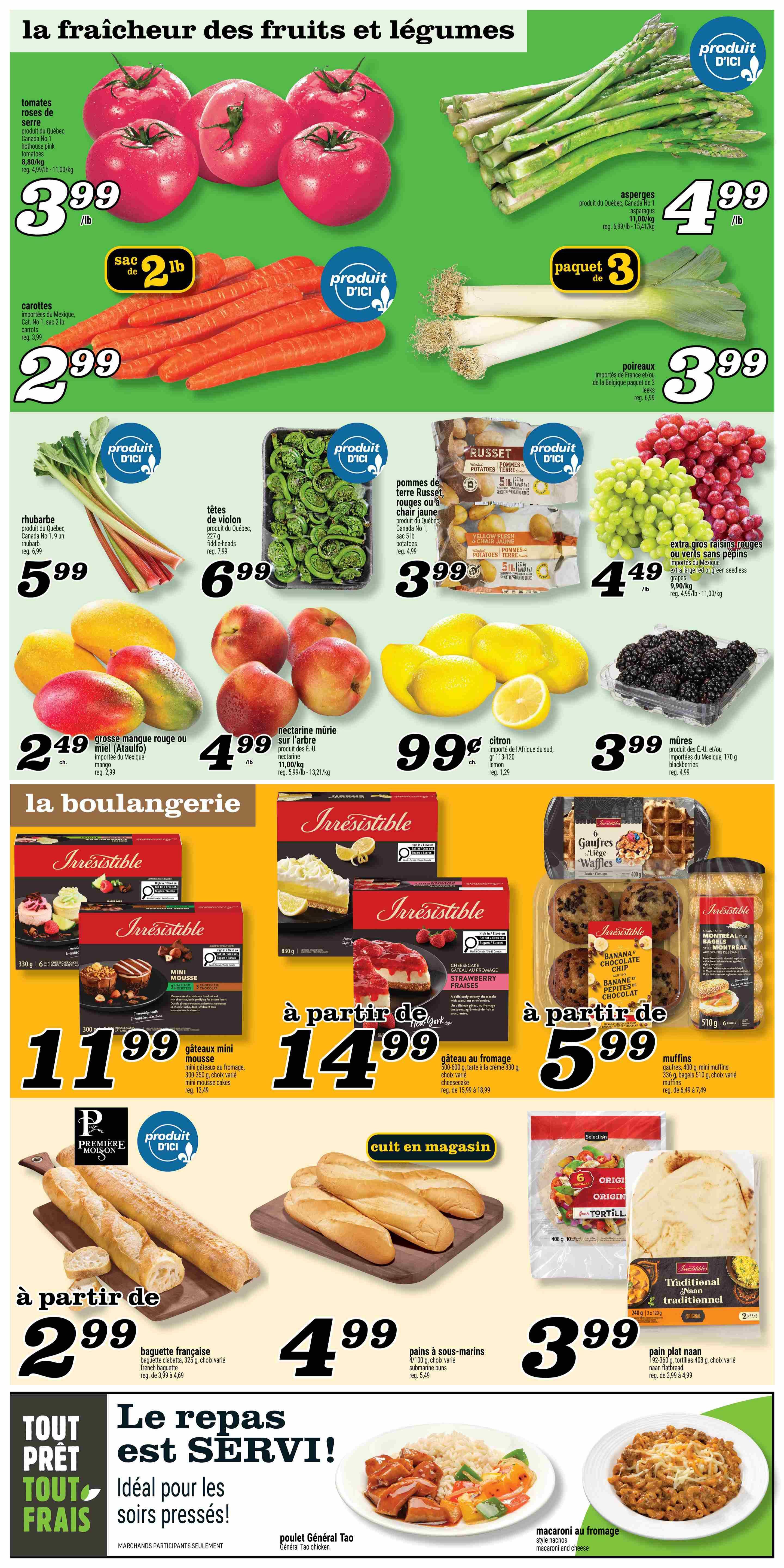 Marché Richelieu weekly flyer specials page 4 features fresh fruits and vegetables including pink tomatoes at $3.99/lb, asparagus at $4.99/lb, carrots at $2.99 for a 2 lb bag, and leeks at $3.99 for a pack of 3. Also available are rhubarb for $5.99, fiddleheads for $6.99, Russet potatoes for $3.99 per 5 lb bag, and extra large red or green seedless grapes for $4.49/lb. Enjoy ripe peaches for $4.99/lb, large mangoes or Ataulfo honey mangoes for $2.49 each, lemons for $0.99 each, and blackberries for $3.99 per 170g container. Bakery items include Irrésistible mini mousse cakes for $11.99, Irrésistible cheesecake or strawberry fraisier cake for $14.99, and Irrésistible banana chocolate chip muffins for $5.99. Freshly baked bread options include French baguettes starting at $2.99, submarine buns for $4.99, and traditional naan flatbread for $3.99. The flyer also highlights 'Le repas est servi!' (The meal is served!) with ready-to-eat options like General Tao chicken and macaroni and cheese.
