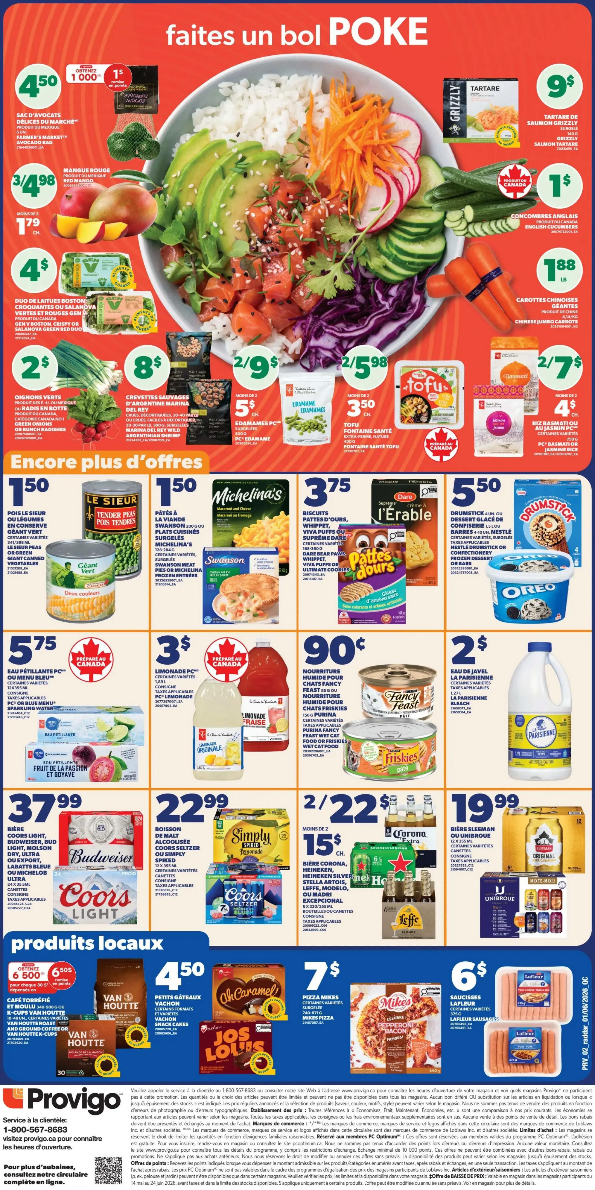 Provigo weekly flyer specials, page 2. Featured is a large poke bowl with salmon, avocado, cucumber, radish, and red cabbage. On sale: Farmer's Market™ Avocado Bag for $4.50, Red Mangoes 3/$4.98, Green Onions for $2, and Argentine Shrimp for $8. Also available are English Cucumbers for $1 and Chinese Jumbo Carrots for $1.88/lb. Other deals include Edamames PC for 2/$5, Tofu for 2/$5.98, and Basmati Jasmine Rice for 2/$7. Below, find 'More Deals': Geant Vert canned vegetables for $5.75, Michelina's frozen entrees for $3, Viva Puffs or Whippet cookies for $3.75, Nestlé Drumstick or cones for $5.50, and Oreo ice cream for $2. Also on sale: Menu sparkling water for $5.75, PC Lemonade for $3, and Fancy Feast or Friskies cat food for 90¢. Beer specials include Budweiser for $37.99, Coors Seltzer for $22.99, and a 12-pack of Corona Extra for 2/$22. Also featured are Sleeman or Unibroue beer for $19.99, and Heineken, Stella Artois, Leffe, Modelo, or Madri exceptional beer for 2/$15. Local products include Van Houtte coffee for $6.50, Oh! Caramel bars for $7, and Mike's Pizza for $7. Finally, Lafleur sausages are on sale for $6.