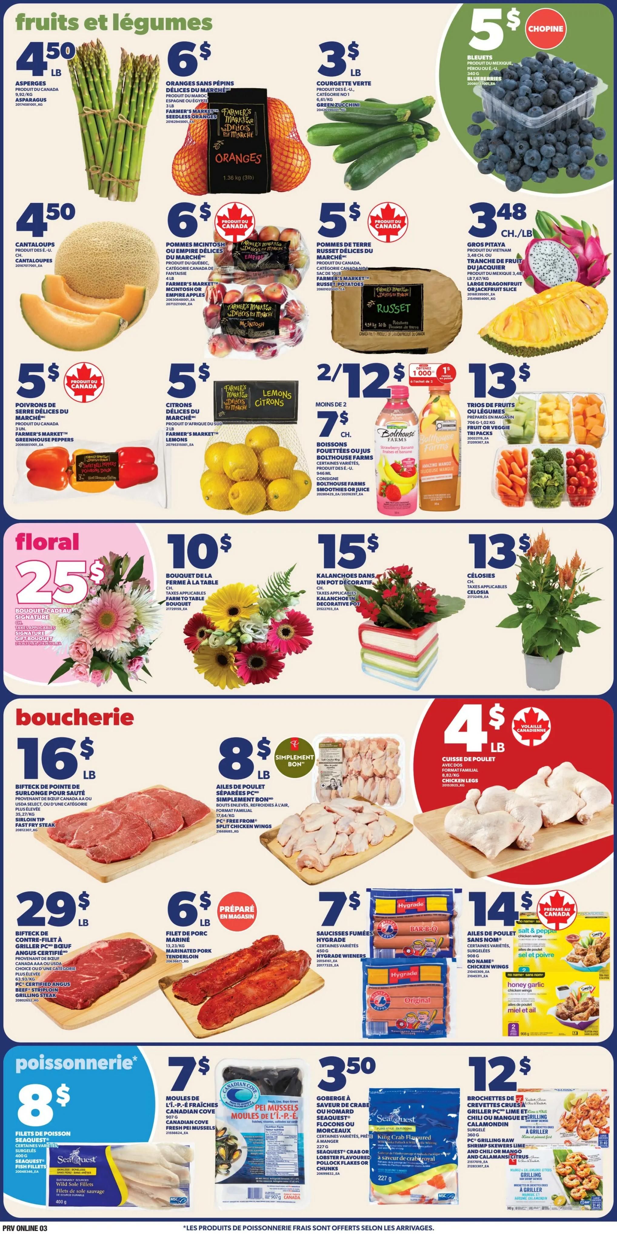 Provigo weekly flyer specials page 4. Fruits and vegetables include asparagus for $4.50/lb, Farmer's Market oranges for $6/lb, green zucchini for $3/lb, cantaloupes for $4.50 each, Farmer's Market McIntosh or Empire apples for $6/lb, Farmer's Market russet potatoes for $5/lb, greenhouse peppers for $5/lb, and Farmer's Market lemons for $5/lb. Blueberries are $5/chopine. Large dragon fruit is $3.48/lb. Balthouse Farms smoothies are 2 for $12, or $7 each. A floral section features a signature bouquet for $25, a table bouquet for $10, kalanchoes in a decorative pot for $15, and celosia plants for $13. The butcher section offers beef point steaks for $16/lb, Simply Bon chicken wings for $8/lb, chicken legs for $4/lb, certified Angus beef fast fry steak for $29/lb, marinated pork tenderloin for $6/lb, Hygrade smoked sausages for $7/lb, and Salt & Pepper or Honey Garlic chicken wings for $14/lb. The seafood section includes Canadian Cove fresh PEI mussels for $7/lb, Seaquest crab or lobster flavoured pollock fillets or chunks for $3.50, and grilled shrimp skewers for $12/lb.