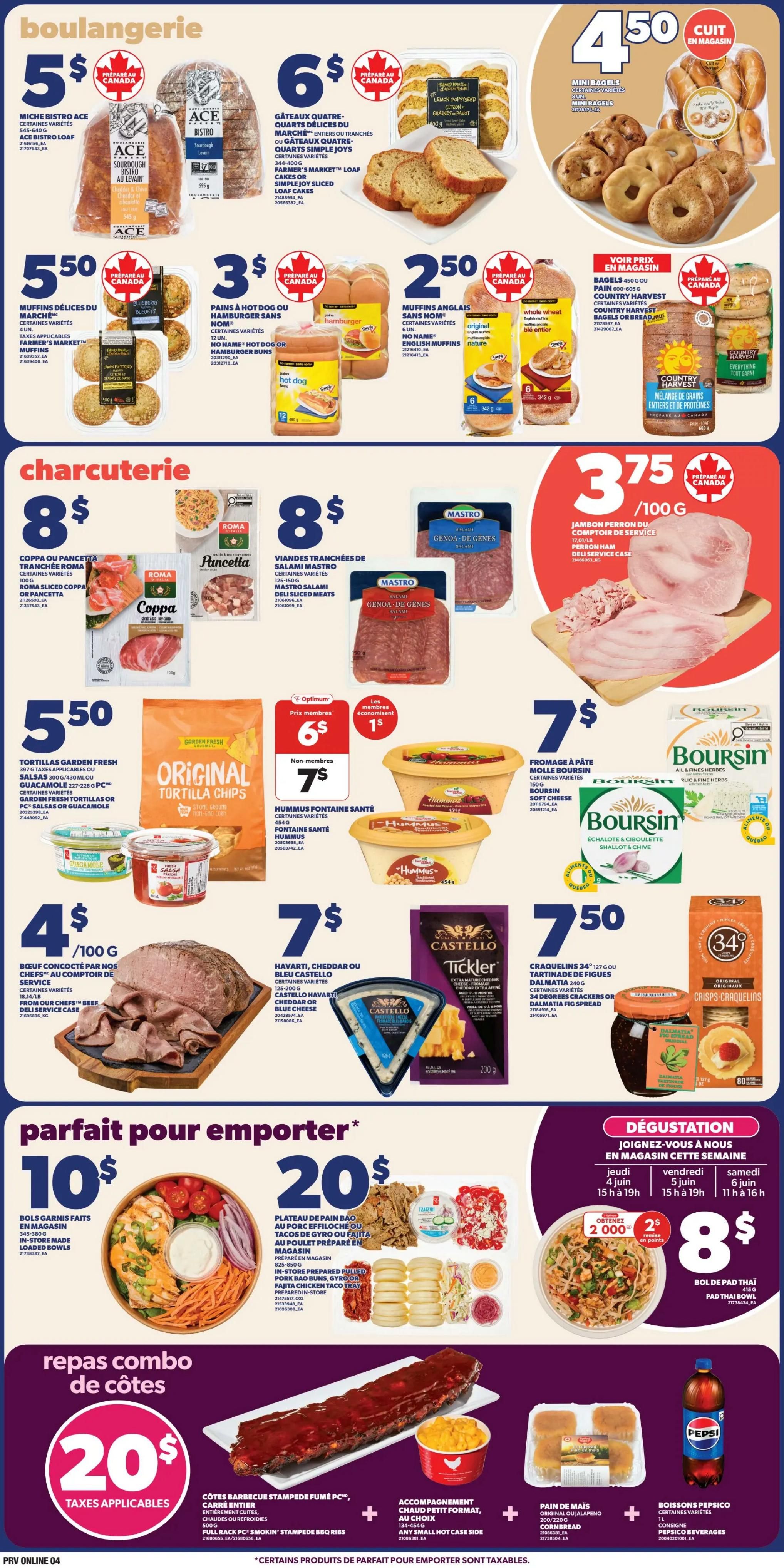 Provigo weekly flyer specials page 5. Bakery section features Miche Bistro Ace loaves for $5, Ace sourdough bread for $5, four-quarter cakes for $6, and lemon-infused citrus grain bread for $6. Mini bagels are $4.50. Charcuterie includes sliced Coppa or pancetta for $8, sliced Mastro salami for $8, and sliced ham for $3.75 per 100g. Other items include Garden Fresh tortillas or salsas for $5.50, Hummus Fontaine Santé for $7 (or $6 for Optimum members), and Boursin soft cheese for $7. Cheese selection includes Havarti, Cheddar or blue Castello cheese for $7, and Tickler extra sharp cheddar cheese. Cracklins and fig spread are $7.50. Crisps are $3.49. 'Perfect for Takeout' section offers loaded bowls for $10 and a pulled pork bag-au-poulet or fajita taco tray for $20. 'Rib Combo Meal' features Stampede Farm PC ribs for $20 plus taxes, with a choice of small hot side. Beverages include Pepsi 1L for $2. A 'Tasting' section offers Pad Thai for $8, with a special offer of 2000 points for $2 off.