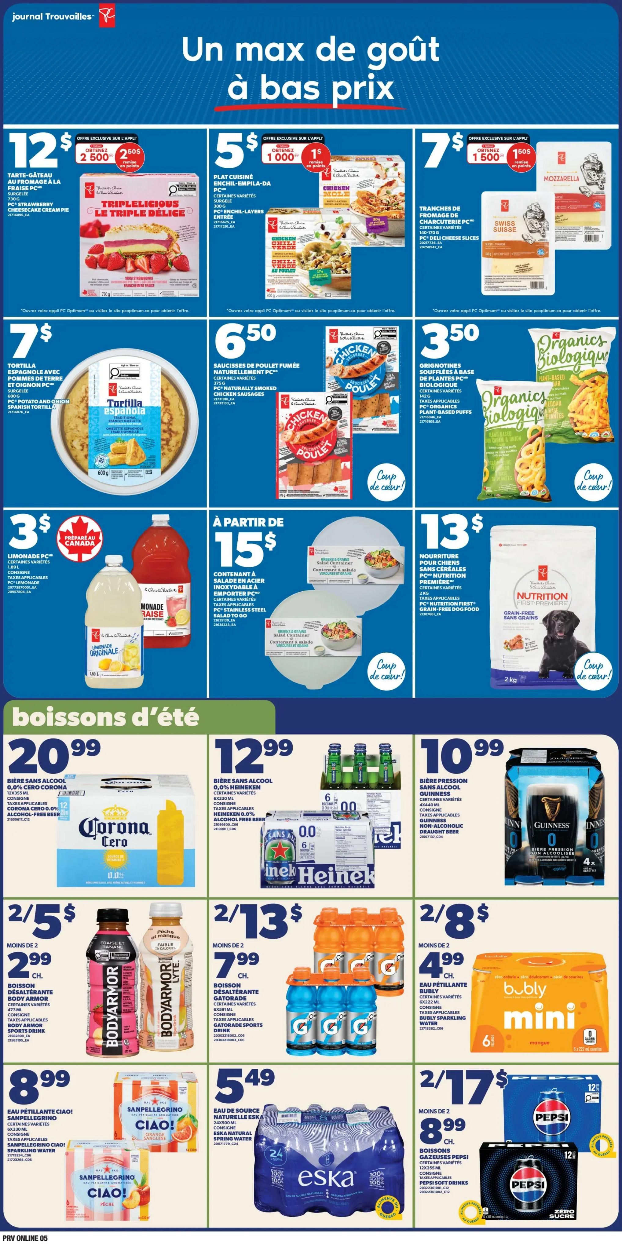 Provigo flyer page 6 features a variety of food and beverage specials. Top row includes PC Strawberry Cheesecake Cream Pie for $12, with a 2500 PC Optimum points offer. Also featured are PC Enchilada-da-Da Plat Cuisiné for $5 with 1000 PC Optimum points, and PC Deli Cheese Slices for $7 with 1500 PC Optimum points. The second row offers PC Tortilla Española for $7, PC Naturally Smoked Chicken Sausages for $6.50, and PC Organics Plant-Based Puffs for $3.50. Below that, Limonade PC drinks are on sale for 3 for $3, and PC Stainless Steel Salad to Go containers are available starting at $15. The bottom section highlights summer beverages: Corona Cero alcohol-free beer for $20.99, Heineken 0.0 alcohol-free beer for $12.99, and Guinness draught beer for $10.99. Also on sale are BodyArmor sports drinks at 2 for $5, Gatorade sports drinks at 2 for $13, Bubly sparkling water mini cans at 2 for $8, San Pellegrino sparkling water for $8.99, Eska natural mineral water for $5.49, and Pepsi soft drinks at 2 for $17.