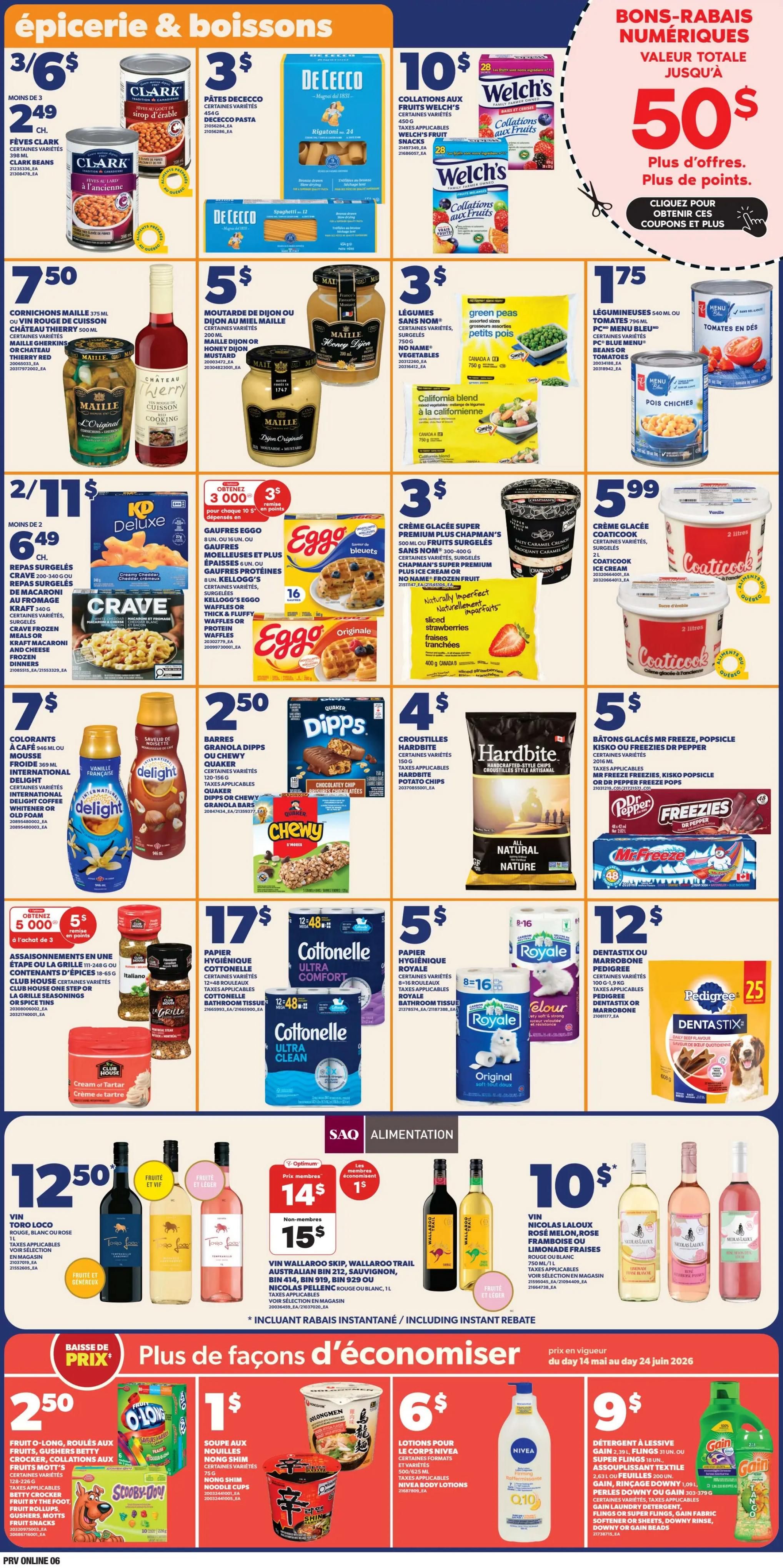 Provigo weekly flyer specials page 7 features a variety of grocery and beverage items. Top section includes Clark beans for 3/$6 or $2.49 each, De Cecco pasta for $3, and Welch's fruit snacks for $10. Also featured are Maille mustards for $3 and $5, green peas for $3, and Menu canned vegetables like beans and chickpeas for $1.75. The middle section highlights Eggo waffles and pancakes for 2/$11 or $6.49, Chapman's premium ice cream for $3, Crave meals for $6.49, Dipps chocolate bars for $2.50, Hardbite handcrafted potato chips for $4, and Mr. Freeze popsicles for $5. Further down, International Delight coffee creamers are $7, Chewy granola bars are $2.50, Cottonelle toilet paper is $17, and Royale toilet paper is $5. Dentastix dog treats are $12. The bottom section showcases Toro Loco wine for $12.50, and Wallaroo Trail wines for $14 for Optimum members or $15 for non-members. Additional savings include O'Olo fruit snacks for $2.50, Nong Shim noodle cups for $1, Nivea body lotions for $6, and Gain laundry detergent for $9.