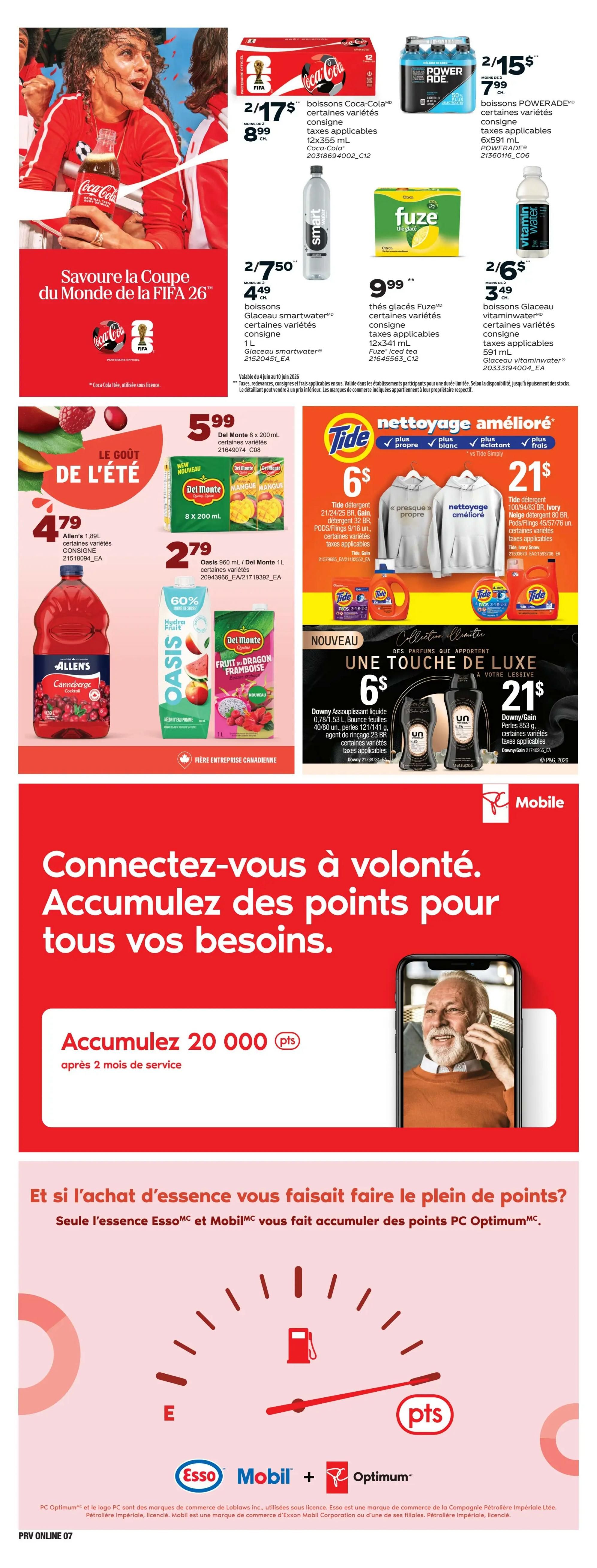 Provigo flyer page 8 featuring Coca-Cola 12x355 mL for 2/$17.99, Powerade 6x591 mL for 2/$15.99, Smartwater 1 L for 2/$4.49, Fuze iced tea 12x341 mL for $9.99, and Glaceau Vitaminwater 591 mL for 2/$6.49. Also on sale is Del Monte 8x200 mL for $5.99, Allen's 1.89 L for $4.79, and Oasis 960 mL / Del Monte 1 L for $2.79. Tide detergent 21/24/25 BR, PODS/Flings 9/16 BR is $6, and Tide detergent 30/32 BR, PODS/Flings 16/18 BR is $21. Downy Assouplissant liquid 0.78/1.53 L is $6, and Downy/Gain Pearls 263g is $21. The page also promotes PC Mobile, offering 20,000 points after 2 months of service, and Esso & Mobil fuel points with PC Optimum. The validity dates for the specials are June 4 to June 10, 2026.