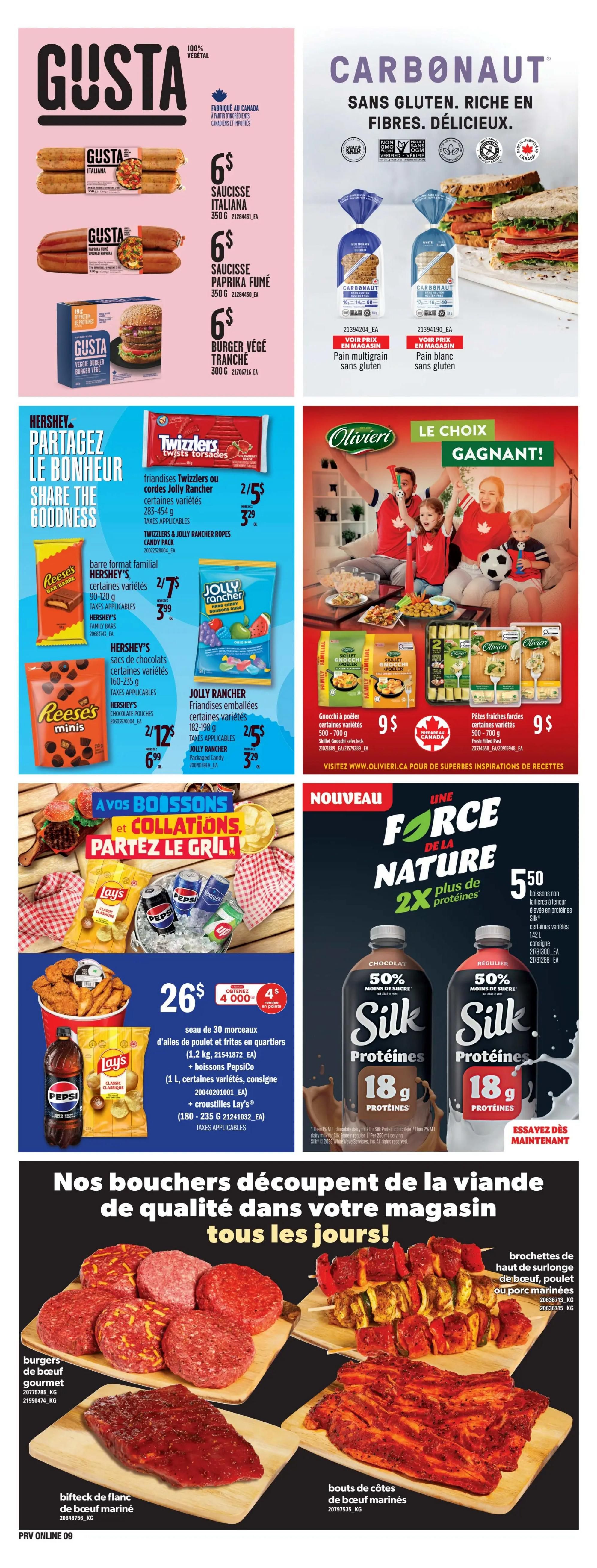 Provigo weekly flyer specials page 10. Features Gusta Italian sausage for $6, Gusta smoked paprika sausage for $6, and Gusta veggie burger slices for $6. Carbonaut offers gluten-free multigrain bread and white bread. Hershey's Share the Goodness includes Twizzlers or Jolly Rancher ropes candy for 2 for $5 or $3.29, and Reese's family bars for 2 for $7 or $3.99. Also features Reese's Minis chocolate pouches for 2 for $12 or $6.99, and Jolly Rancher bagged candies for 2 for $5 or $3.29. Olivieri features family-size gnocchi and skillet gnocchi for $9, and fresh pasta for $9. A beverage and snack combo includes 30 pieces of chicken nuggets and fries for $26, plus Pepsi 1L and Lay's chips. New Silk Protein beverages are available for $5.50, offering 2x the protein and 50% less sugar. The page also highlights fresh cut meats including gourmet beef burgers, marinated flank steak, marinated beef ribs, and skewers of chicken or pork.