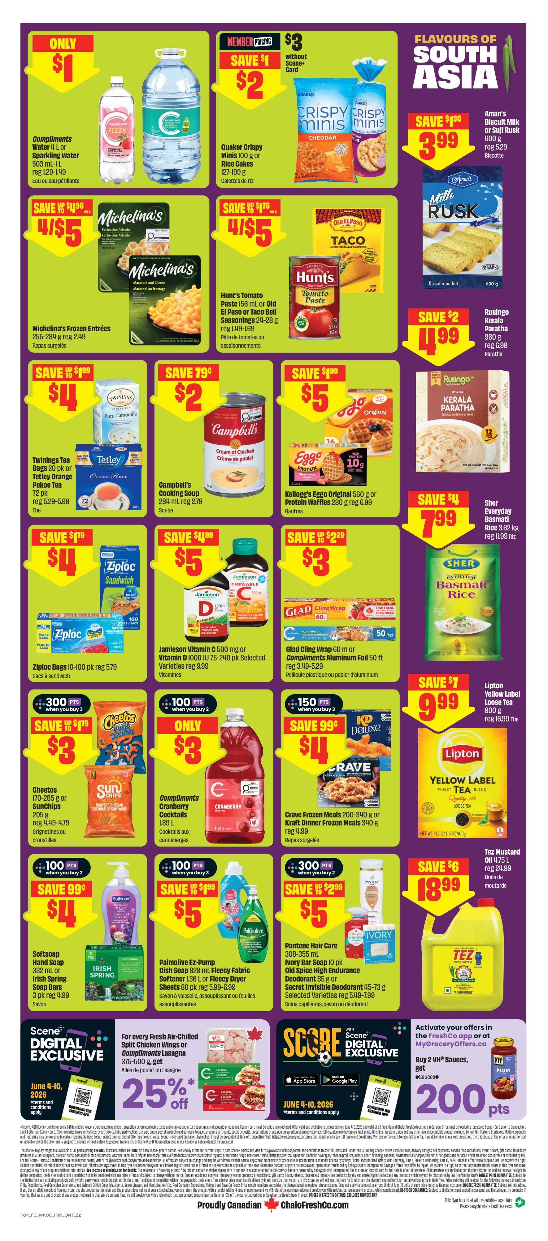 FreshCo Ontario flyer, page 2. Featured items include Compliments Sparkling Water for $1, Quaker Crispy Minis Rice Cakes for $2, and Aman's Biscuit Milk or Suji Rusk for $3.99. Michelina's Frozen Entrees are 4 for $5. Hunt's Tomato Paste or Old El Paso Taco Bell Seasonings are 4 for $5. Rusingo Kerala Paratha is $4.99. Twinings Tea Bags or Tetley Tea are 4 for $4. Campbell's Cooking Soup is $2. Kellogg's Eggo Original or Protein Waffles are $5. Ziploc Bags are 4 for $4. Jamieson Vitamin C or Vitamin D is $5. Glad Cling Wrap or Compliments Aluminum Foil is $3. Cheetos are $3 with 300 Scene+ points when you buy 3. Compliments Cranberry Cocktails are $3 with 100 Scene+ points when you buy 2. Crave Frozen Meals or Kraft Dinner Frozen Meals are $4 with 150 Scene+ points when you buy 2. Lipton Yellow Label Loose Tea is $9.99. Tez Mustard Oil is $18.99. Softsoap Hand Soap or Irish Spring Soap Bars are $4 with 100 Scene+ points when you buy 2. Palmolive EZ-Pump or Fleecy Dryer Sheets are $5 with 100 Scene+ points when you buy 3. Pantene Hair Care or Ivory Bar Soap is $5 with 300 Scene+ points when you buy 2. Scene+ Digital Exclusive: Get 25% off Fresh Air-chilled Split Chicken Wings or Compliments Lasagna 375-500 g. Score Digital Exclusive: Activate offers in the FreshCo app or MyGroceryOffers.ca and buy 2 VH Sauces, get 200 Scene+ points.