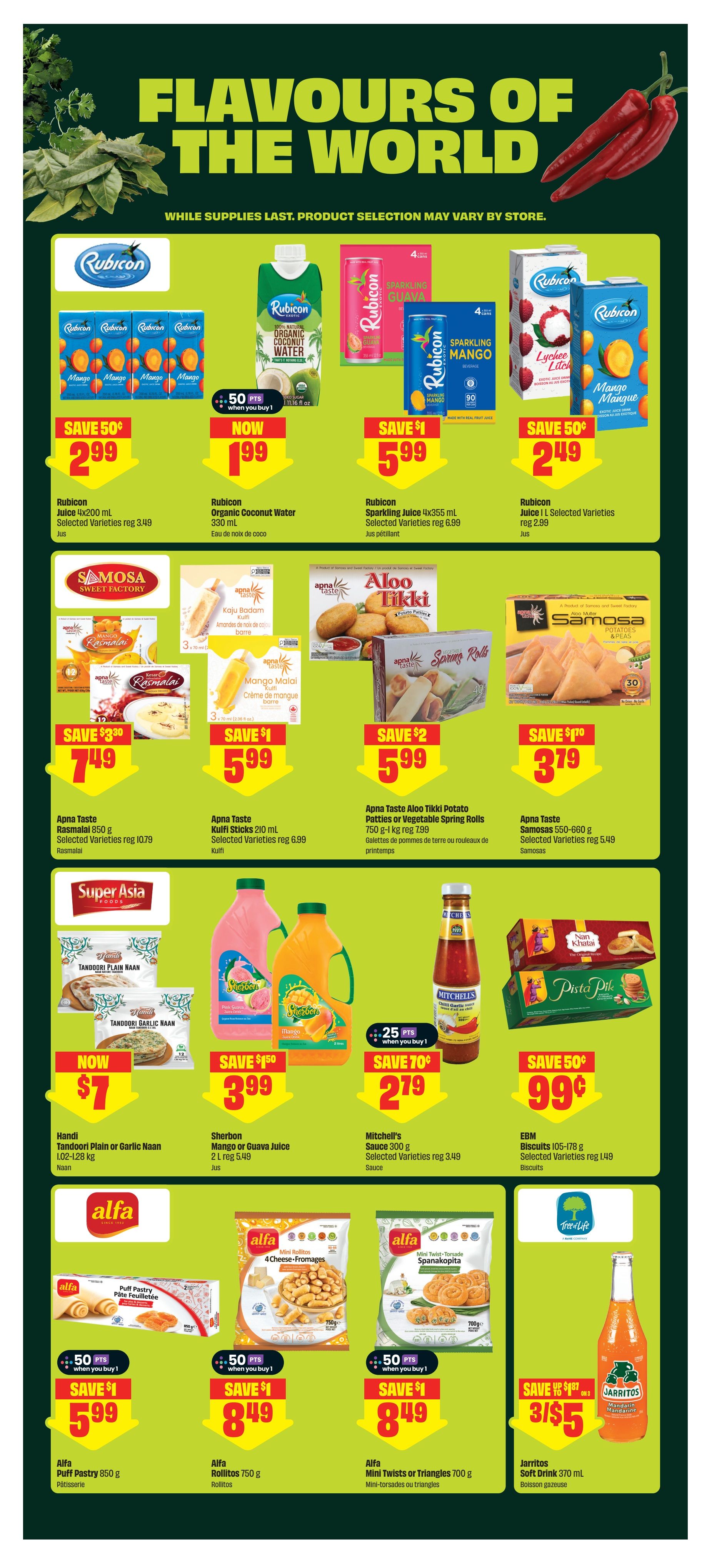 FreshCo flyer page 11 features 'Flavours of the World' with various international food items. Deals include Rubicon Juice 4x200 ml for $2.99 (save $0.50), Rubicon Organic Coconut Water 330 ml for $1.99, Rubicon Sparkling Juice 4x355 ml for $5.99 (save $1), and Rubicon Juice L 2x355 ml for $2.49 (save $0.50). Also featured are Apna Taste Rasmalai 850 g for $7.49 (save $3.30), Apna Taste Kulfi Sticks 210 ml for $5.99 (save $1), and Apna Taste Aloo Tikki Potato Patties or Vegetable Spring Rolls 750 g for $5.99 (save $2). Super Asia Foods offers Handi Tandoori Plain or Garlic Naan L02-128 kg for $7, Sherbon Mango or Guava Juice 2 L for $3.99 (save $1.50), Mitchell's Sauce 300 g for $2.79 (save $0.70), and EBM Biscuits 105-178 g for $0.99 (save $0.50). Alfa products on sale are Puff Pastry 850 g for $5.99 (save $0.50), Alfa Rollitos 750 g for $8.49 (save $1), and Alfa Mini Twists or Triangles 700 g for $8.49 (save $1). Jarritos Soft Drink 370 ml is on sale for 3 for $5 (save up to $1.87).