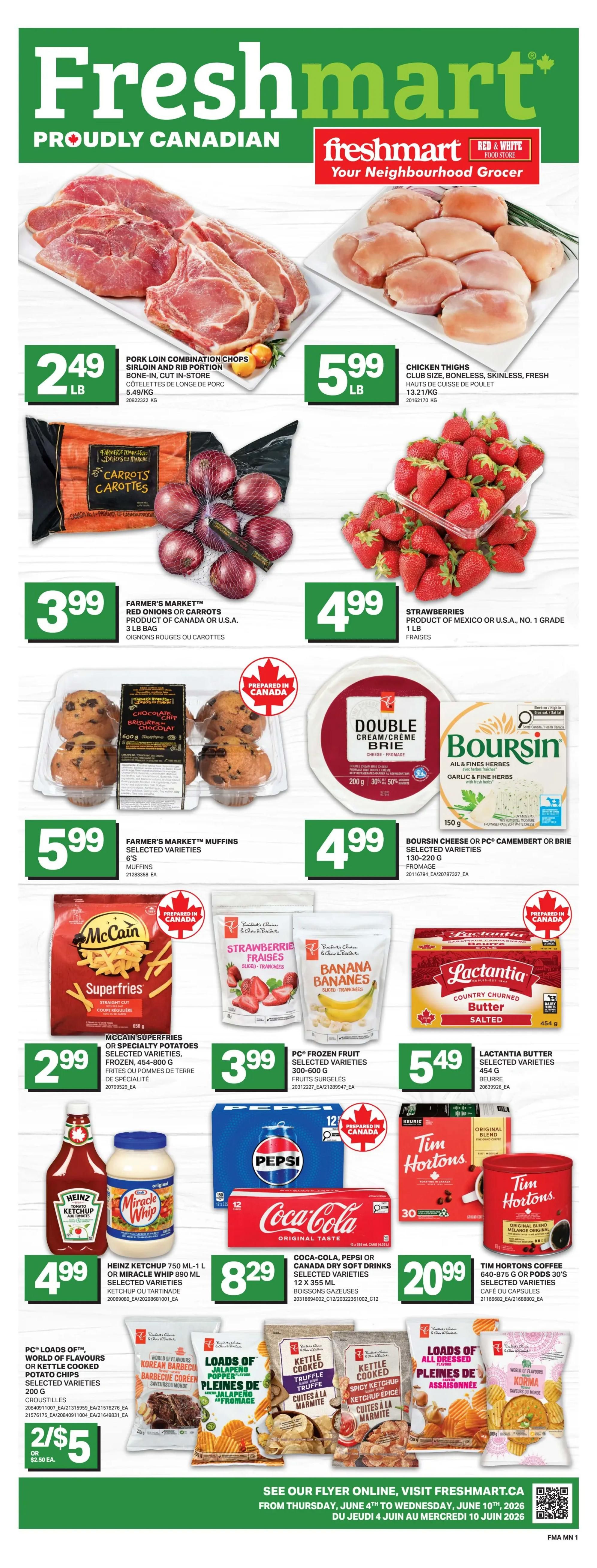 Freshmart proudly Canadian flyer, page 1. Featuring 'Hit of the Month' specials for June. Christie Crispers Crackers or Bits & Bites, selected varieties, 145 g, are on sale for $1.88. Cheerios or Cinnamon Toast Crunch cereal, selected varieties, 260-292 g, are priced at $2. Fully cooked Pork Back Ribs, selected varieties, 680 g, are available for $7.50. The flyer also highlights 'Lowest Prices, Best Deals' and includes offer details valid from June 1st to 30th, 2026, while quantities last.