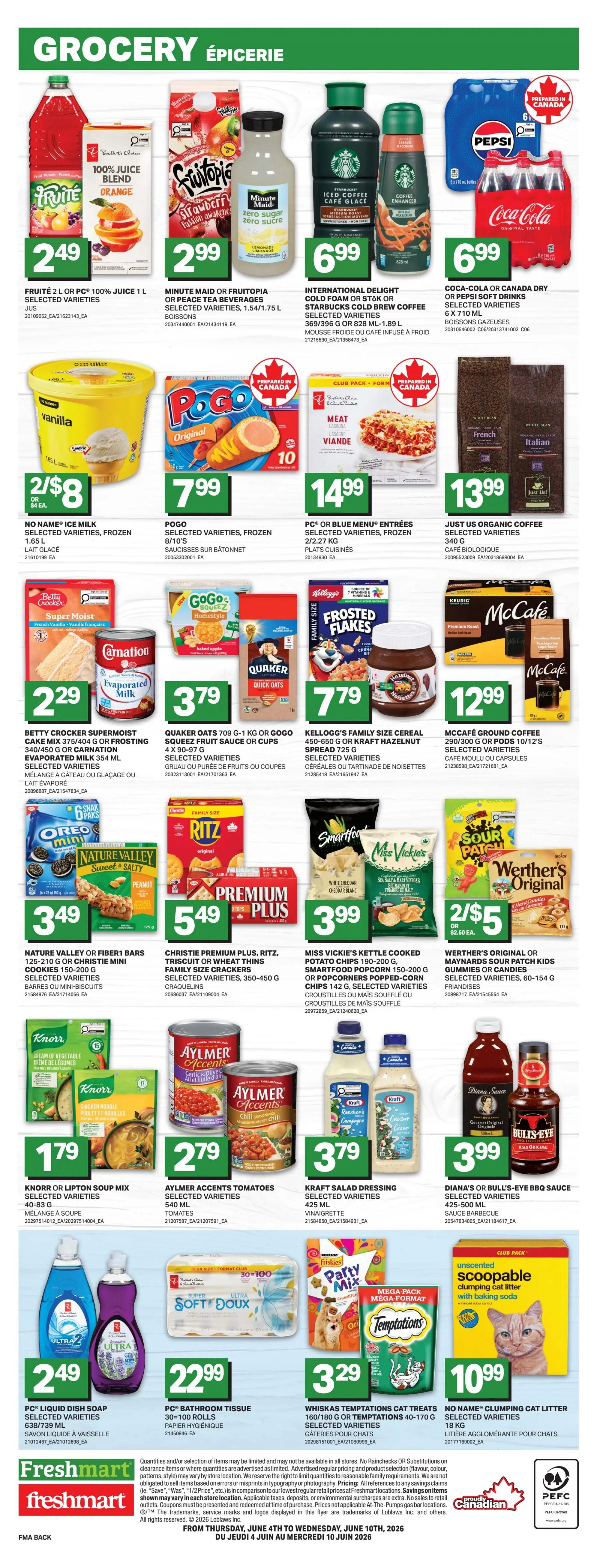Freshmart Atlantic Canada weekly flyer specials, Page 4. Featured grocery items include Fruité 100% juice for $2.49, Minute Maid or Fruitea beverages for $2.99, and International Delight cold foam or Starbucks cold brew coffee for $6.99. Also available are Coca-Cola or Canada Dry soft drinks for $6.99. Frozen options include No Name ice milk for 2/$8, Pogo frozen snacks for $7.99, and PC or Blue Menu entrées for $14.99. Baking and breakfast items include Betty Crocker cake mix or frosting for $2.29, Carnation evaporated milk for $2.29, Quaker Oats or Gogo Squeez fruit sauce or cups for $3.79, Kellogg's Family Size cereal or Kraft Hazelnut spread for $7.79, and McCafé ground coffee or pods for $12.99. Snacks and treats include Nature Valley or Fiber1 bars, Christie mini cookies, Ritz, or Wheat Thins crackers for $3.49, Premium Plus, Ritz, or Wheat Thins crackers for $5.49, Miss Vickie's Kettle Cooked potato chips or Smartfood popcorn for $3.99, Werther's Original or Maynard's Sour Patch Kids gummies or candies for 2/$5. Meal solutions include Knorr soup mix for $1.79, Aylmer Accents tomatoes for $2.79, and Kraft salad dressing for $3.79. Sauces include Diana's or Bull's-Eye BBQ sauce for $3.99. Household items include PC liquid dish soap for $2.49 and PC bathroom tissue for $22.99. Pet products include Whiskas cat treats or Temptations for $3.29, and No Name clumping cat litter for $10.99.