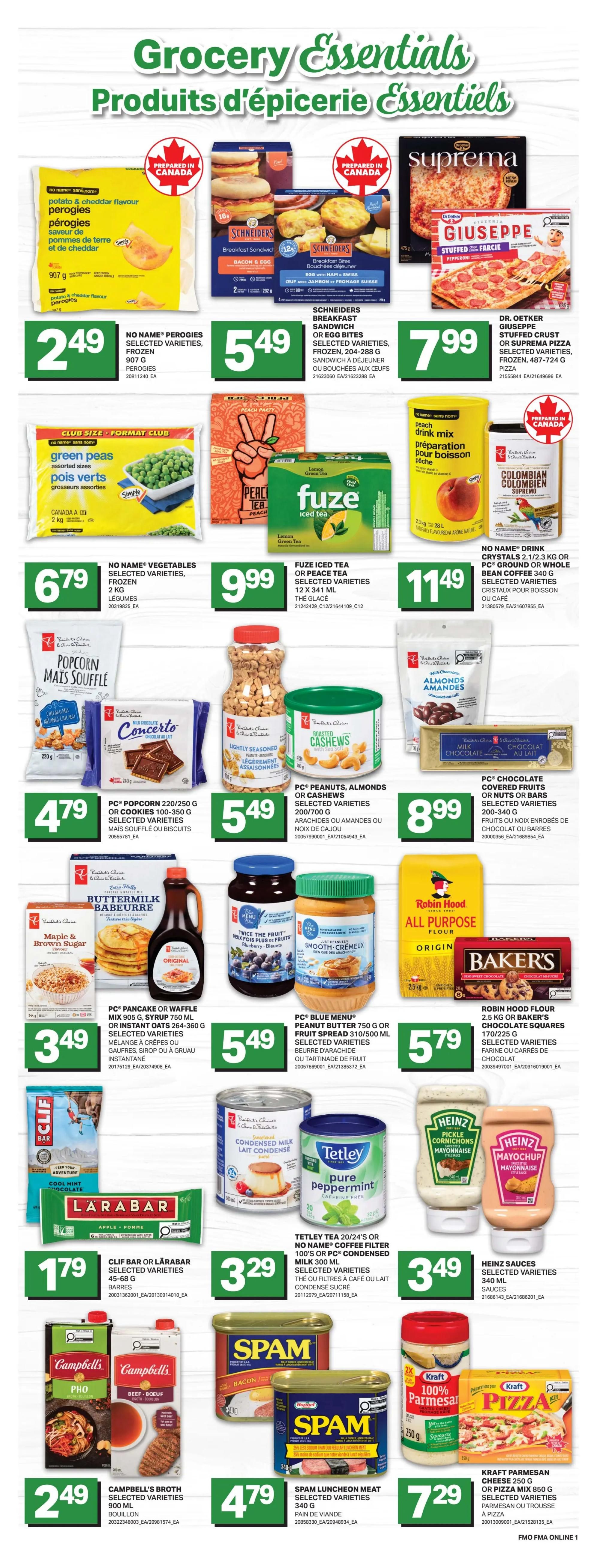 Freshmart weekly flyer specials page 7 features a variety of grocery essentials. Highlights include No Name Perogies for $2.49, Schneiders Breakfast Sandwiches or Egg Bites for $5.49, and Dr. Oetker Giuseppe Stuffed Crust or Suprema Pizza for $7.99. Also featured are No Name Vegetables for $6.79, Fuze Iced Tea or Peace Tea for $9.99, and No Name Drink Crystals or Coffee for $11.49. Other deals include PC Popcorn or Cookies for $4.79, PC Peanuts, Almonds or Cashews for $5.49, and PC Chocolate Covered Fruits or Nuts for $8.99. Additionally, find PC Pancake Mix or Waffle Mix for $3.49, PC Blue Menu Peanut Butter or Fruit Spread for $5.49, Robin Hood All Purpose Flour for $5.79, and Baker's Chocolate Squares for $5.79. Snacks like Clif Bar or Larabar are $1.79. Tetley Tea or No Name Coffee Filter or PC Condensed Milk is $3.29. Heinz Sauces are $3.49. Campbell's Broth is $2.49, Spam Luncheon Meat is $4.79, and Kraft Parmesan Cheese or Pizza Mix is $7.29.
