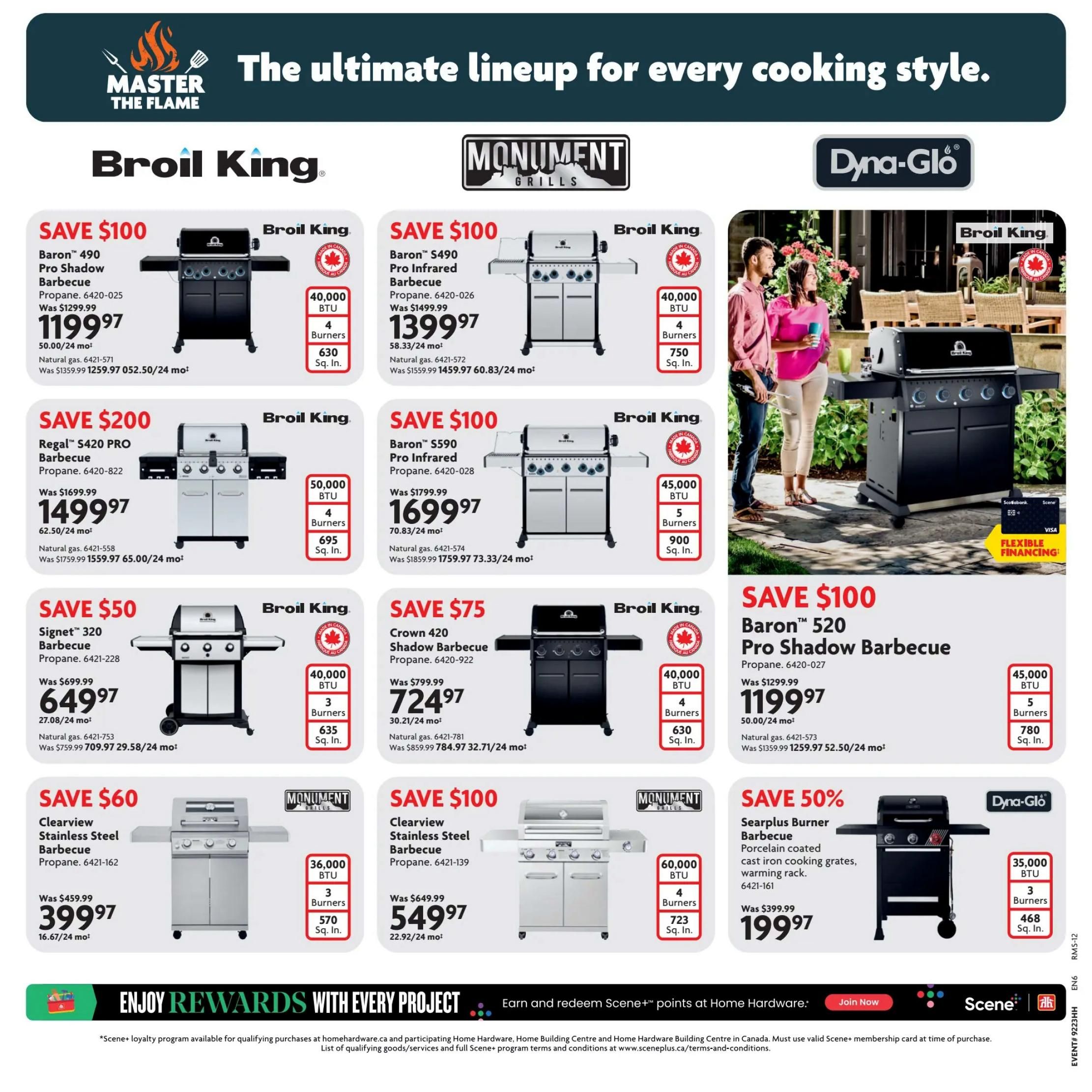 Home Hardware flyer page 13 featuring a selection of barbecues. Save $100 on the Broil King Baron 490 Pro Shadow Barbecue for $1199.97, originally $1299.99. Save $100 on the Broil King Baron 590 Pro Infrared Barbecue for $1399.97, originally $1559.99. Save $200 on the Broil King Regal S420 PRO Barbecue for $1499.97, originally $1699.99. Save $50 on the Broil King Signet 320 Barbecue for $649.97, originally $699.99. Save $75 on the Crown 420 Shadow Barbecue for $724.97, originally $799.99. Save $100 on the Broil King Baron 520 Pro Shadow Barbecue for $1199.97, originally $1299.99. Save $60 on the Monument Grills Clearview Stainless Steel Barbecue for $399.97, originally $459.99. Save $100 on the Monument Grills Clearview Stainless Steel Barbecue for $549.97, originally $649.99. Save 50% on the Dyna-Glo Searplus Burner Barbecue for $199.97, originally $399.99. The page also highlights 'The ultimate lineup for every cooking style' with Master The Flame branding and mentions 'Enjoy Rewards with Every Project' by earning Scene+ points.