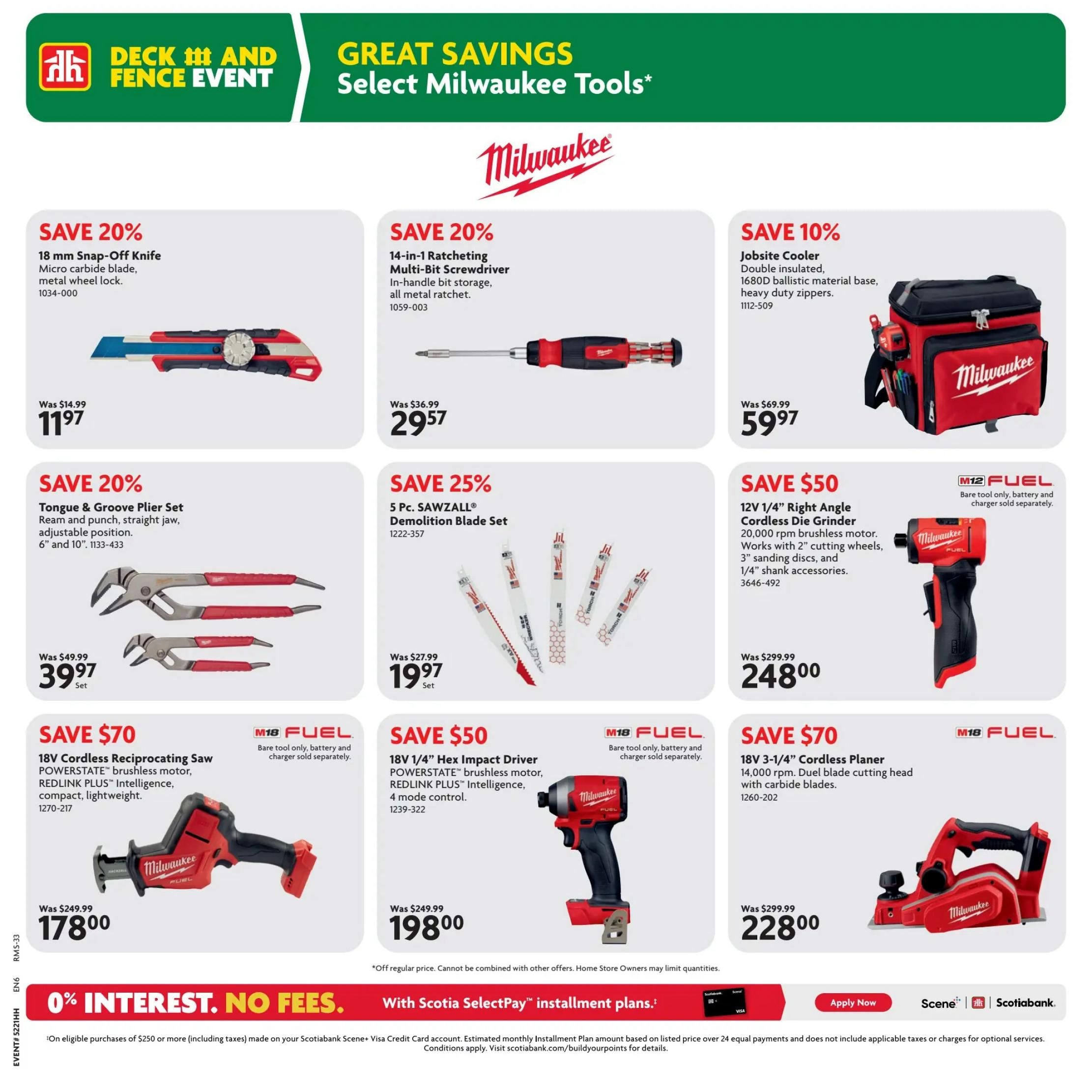 Home Hardware flyer specials page featuring Milwaukee tools. Save 20% on an 18 mm Snap-Off Knife for $11.97. Save 20% on a 14-in-1 Ratcheting Multi-Bit Screwdriver for $29.57. Save 10% on a Jobsite Cooler for $59.97. Save 20% on a 6' and 10' Tongue & Groove Plier Set for $39.97. Save 25% on a 5 Pc. SAWZALL® Demolition Blade Set for $19.97. Save $50 on a 12V 1/4' Right Angle Cordless Die Grinder for $248.00. Save $70 on an 18V Cordless Reciprocating Saw for $178.00. Save $50 on an 18V 1/4' Hex Impact Driver for $198.00. Save $70 on an 18V 3-1/4' Cordless Planer for $228.00. All prices are valid from June 4 to June 17, 2026. Offers 0% interest, no fees with Scotiabank SelectPay installment plans on eligible purchases of $250 or more.