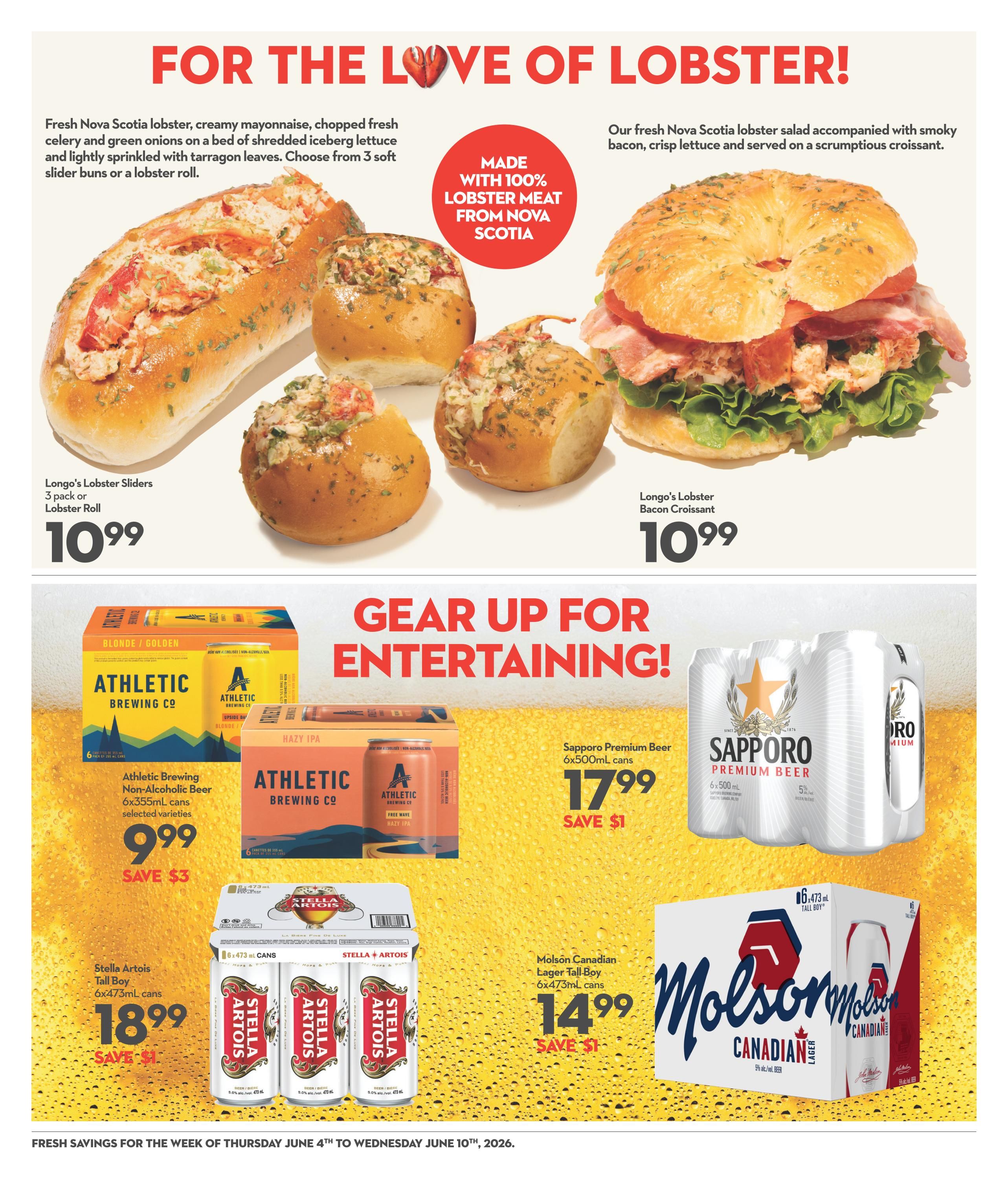 Longo's weekly flyer specials page 8 features 'For the Love of Lobster!' with Longo's Lobster Sliders (3 pack or Lobster Roll) for $10.99 and Longo's Lobster Bacon Croissant for $10.99. The page also highlights 'Gear Up For Entertaining!' with Athletic Brewing Non-Alcoholic Beer (6x355mL cans) for $9.99 (Save $3), Sapporo Premium Beer (6x500mL cans) for $17.99 (Save $1), Stella Artois Tall Boy (6x473mL cans) for $18.99 (Save $1), and Molson Canadian Lager Tall Boy (6x473mL cans) for $14.99 (Save $1). Fresh savings are valid from Thursday, June 4th to Wednesday, June 10th, 2026.