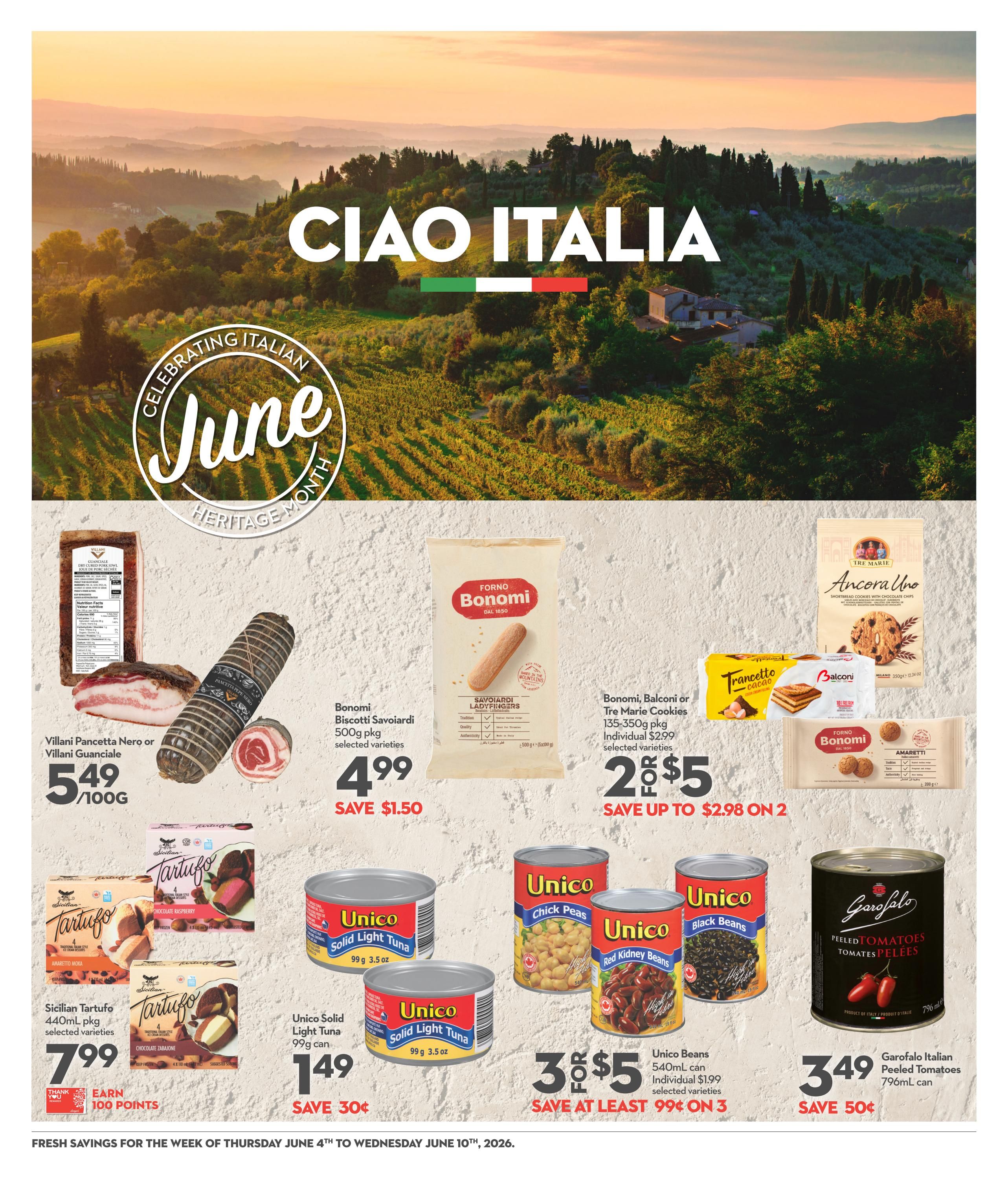 Longo's weekly flyer specials page 11, featuring Italian heritage month. Products include Villani Pancetta Nero or Villani Guanciale for $5.49/100g, Bonomi Biscotti Savoiardi 500g pkg for $4.99 (save $1.50), and Bonomi, Balconi or Tre Marie Cookies 135-350g pkg for 2 for $5 (save up to $2.98 on 2). Also featured are Sicilian Tartuffo 440mL pkg for $7.99, earning 100 points. Canned goods include Unico Solid Light Tuna 99g can for $1.49 (save 30¢), Unico Chick Peas, Unico Red Kidney Beans, and Unico Black Beans for 3 for $5 (save at least 99¢ on 3), and Garofalo Italian Peeled Tomatoes 796mL can for $3.49 (save 50¢).