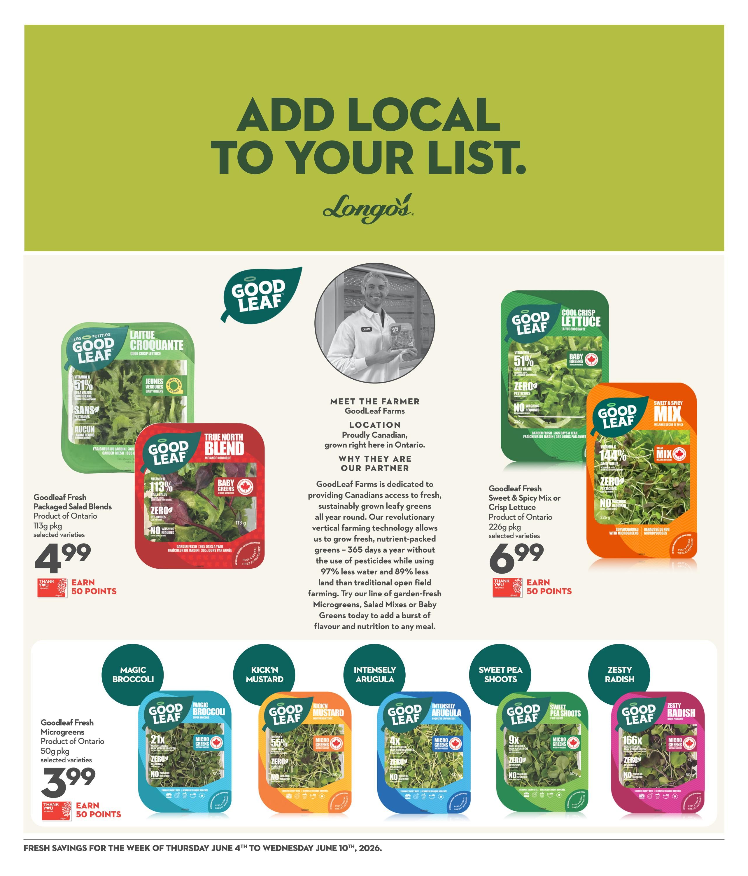 Longo's weekly flyer specials page 13 features Goodleaf Farms, a proudly Canadian grower in Ontario. Featured products include Goodleaf Fresh Packaged Salad Blends, available in selected varieties, for $4.99, and earn 50 points. Also on sale is Goodleaf Fresh Sweet & Spicy Mix or Crisp Lettuce, 226g pkg, selected varieties, for $6.99, with an offer to earn 50 points. The page highlights various Goodleaf Fresh Microgreens, including Magic Broccoli, Kick'n Mustard, Intensely Arugula, Sweet Pea Shoots, and Zesty Radish, all 50g pkg, selected varieties, priced at $3.99 each and offering 50 points per purchase. The flyer emphasizes that Goodleaf Farms uses revolutionary vertical farming technology, resulting in greens grown with 97% less water and 89% less land than traditional farming, and without pesticides.