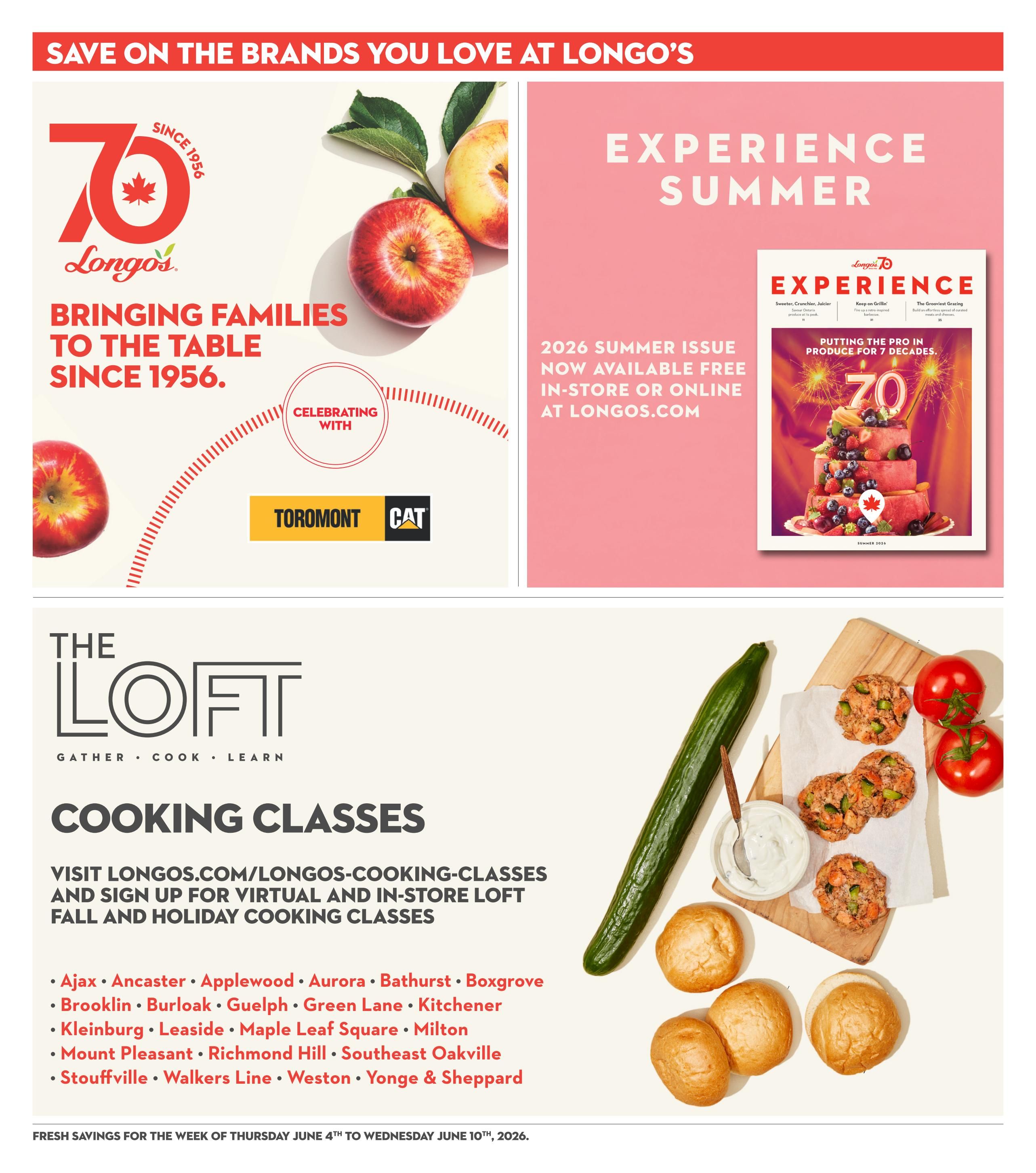 Longo's flyer page celebrating 70 years since 1956, featuring apples and the 'Experience Summer' magazine. The page also promotes 'The Loft' cooking classes with virtual and in-store options available at Longos.com/longos-cooking-classes, listing various store locations including Ajax, Ancaster, Applewood, Aurora, Bathurst, Boxgrove, Brooklin, Burlock, Guelph, Green Lane, Kitchener, Kleinburg, Leaside, Maple Leaf Square, Milton, Mount Pleasant, Richmond Hill, Southeast Oakville, Stouffville, Walkers Line, Weston, and Yonge & Sheppard. The flyer is valid from Thursday, June 4th to Wednesday, June 10th, 2026.