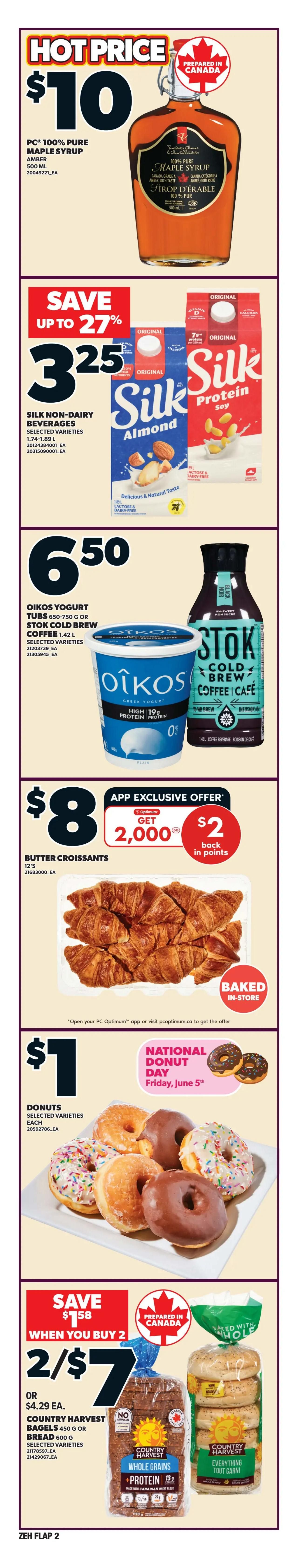 Zehrs weekly flyer specials page 3 featuring hot price pork side rib portion at $3.50/lb. Save 47% on PC Free From Boneless, Skinless Chicken Breasts for $5.99/lb. Hot price shrimp skewers are $10 EA. Fresh Atlantic Salmon Fillets are $10/lb. Raspberries are $2 per half pint, and large cantaloupe is also available. Seaquest Fish Fillets are $6.50 for 400g. App exclusive offer: Optimum members pay $1/lb for Yellow Peaches (2.20/kg), non-members pay $1.50/lb (3.31/kg). Farmer's Market English Cucumbers are hot price $2.64 for 3's, equivalent to 88¢ each. Janes Pub Style Wings and Chicken Wings are $8. Dr. Oetker Ristorante Pizza, including Mama Mia and Spinach varieties, are $3.50. Save 48% on Cracker Barrel Cheese Bars or Shreds and Black Diamond Cheese Snacks for $5.97. Save up to 37% on PC Frozen Vegetables or Spiral Varieties for $3, including Petits Pois (Small Sweet Peas) and Broccoli Florets. Mazola Corn or Canola Oil is $8.88 for 2.84L, and Mazola Canola Oil is also available. Jamieson Vitamins or Supplements are on sale. The bottom section highlights 'Shop & earn more' with an app exclusive offer from Thursday, June 4th to Wednesday, June 10th, offering at least 10,000 PC Optimum points back.