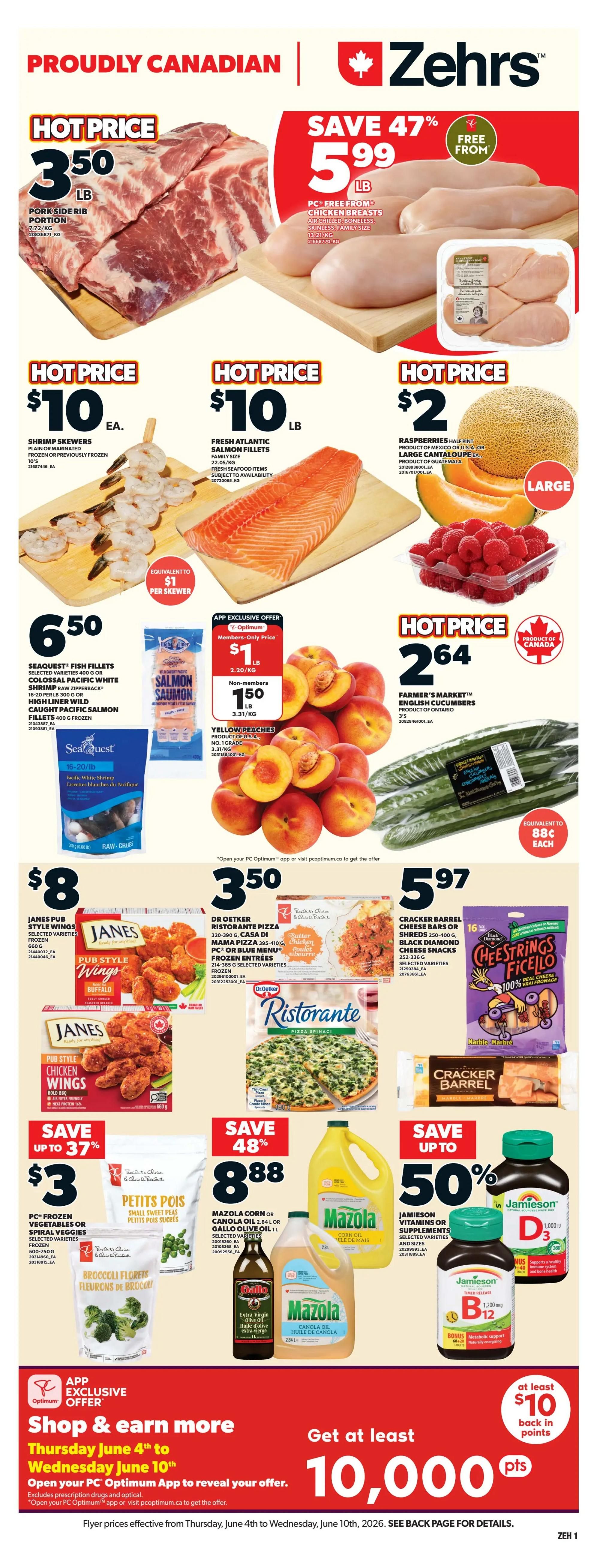 Zehrs weekly deals page featuring a one-day-only offer for Saturday, June 6th: a complimentary 355 mL Poppi soda for the first 300 customers. Weekly deals include ground beef burgers starting from $7.50 per lb. Jumbo hamburger or hot dog buns are $3.50, with a bonus of 2,000 Optimum points (worth $2) when you buy 2, and are baked in-store. PC Tortilla Chips, Kettle Cooked, Kettle Rippled, or World of Flavour Potato Chips are $2.50 for 200-350g bags. Breyers Classic Frozen Dessert and PC Lemonade 1.89 L are $3. PC or Blue Menu Sparkling Water, selected varieties, 12x355 mL, is $5.75.