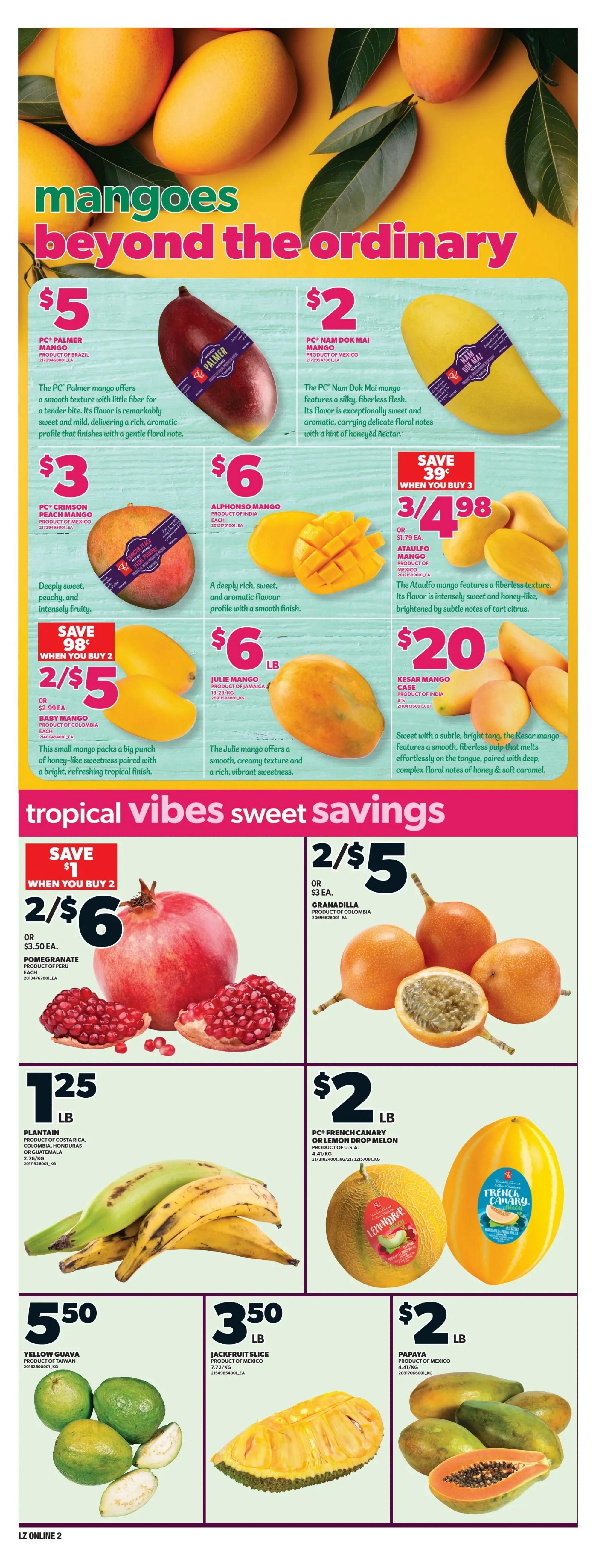 Zehrs weekly flyer specials page 8 features a variety of tropical fruits. Top section highlights mangoes: PC Palmer mangoes for $5, PC Nam Dok Mai mangoes for $2, PC Crimson Peach mangoes for $3, Alphonso mangoes for $6 each, Julie mangoes for $6 per lb, and Ataulfo mangoes 3 for $4.98 (save 39 cents when you buy 3). Also available is a case of Kesar mangoes for $20. The 'Tropical Vibes Sweet Savings' section includes pomegranates 2 for $6 (save $1 when you buy 2) or $3.50 each, and Granadillas 2 for $5 or $3 each. Other featured fruits are Plantains for $1.25 per lb, Yellow Guava for $5.50 per lb, Jackfruit slices for $3.50 per lb, and Papaya or PC French Canary or Lemon Drop Melon for $2 per lb.