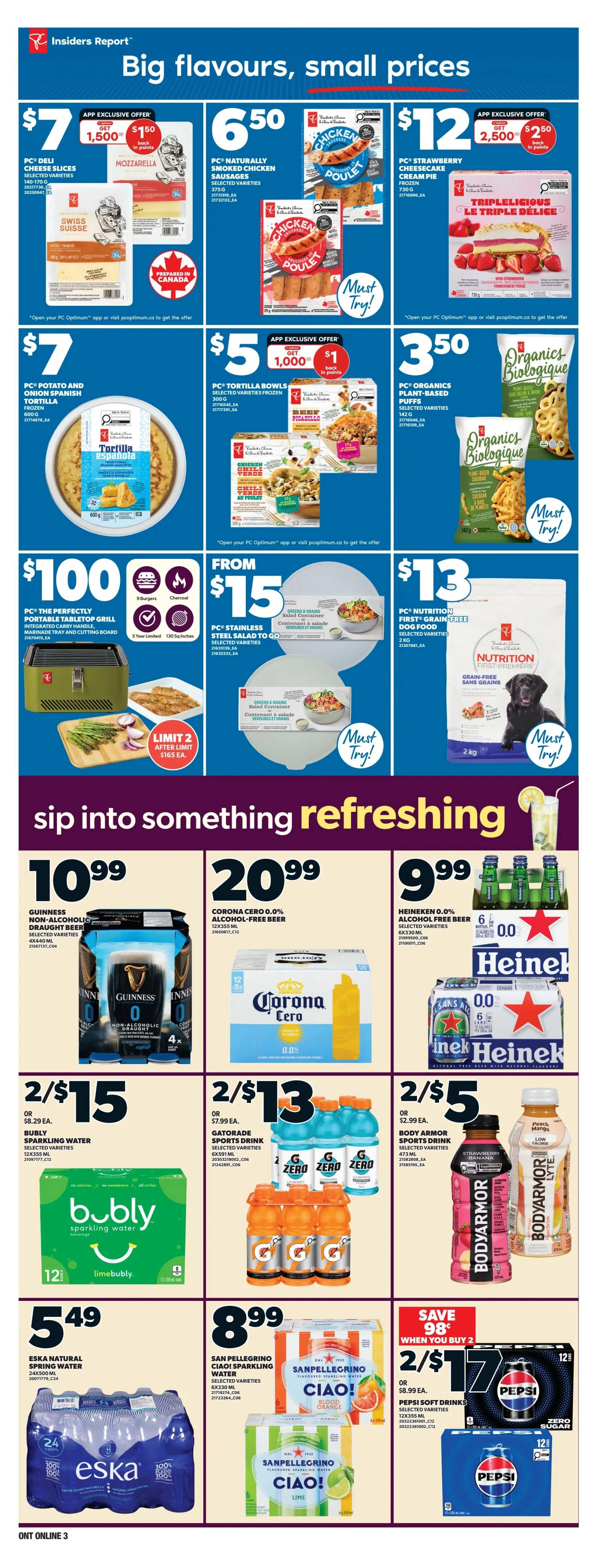 Zehrs weekly flyer specials page 9 features 'Big flavours, small prices'. Top row includes PC Deli Cheese Slices for $7 with 1,500 PC Optimum points back, PC Naturally Smoked Chicken Sausages for $6.50, and PC Strawberry Cheesecake Cream Pie for $12 with 2,500 PC Optimum points back. Second row showcases PC Potato and Onion Spanish Tortilla for $7, PC Tortilla Bowls for $5 with 1,000 PC Optimum points back, and PC Organics Plant-Based Puffs for $3.50. A large graphic highlights PC The Perfectly Portable Tabletop Grill for $100, with a limit of 2 after $165 each. Also featured is PC Stainless Steel Salad to Go for $15, and PC Nutrition First Grain-Free Dog Food for $13. The bottom section, 'sip into something refreshing', includes Guinness Non-Alcoholic Draught Beer for $10.99, Corona Cero 0.0% Alcohol-Free Beer 12x355mL for $20.99, and Heineken 0.0% Alcohol-Free Beer 6x330mL for $9.99. Other beverage deals are Bubly Sparkling Water 12x355mL 2 for $15, Gatorade Sports Drink 6x591mL 2 for $13, Body Armor Sports Drink 473mL 2 for $5, Eska Natural Spring Water 24x500mL for $5.49, San Pellegrino Ciao! Sparkling Water 6x330mL for $8.99, and Pepsi Soft Drinks 12x355mL 2 for $17, with a save 98 cents offer.