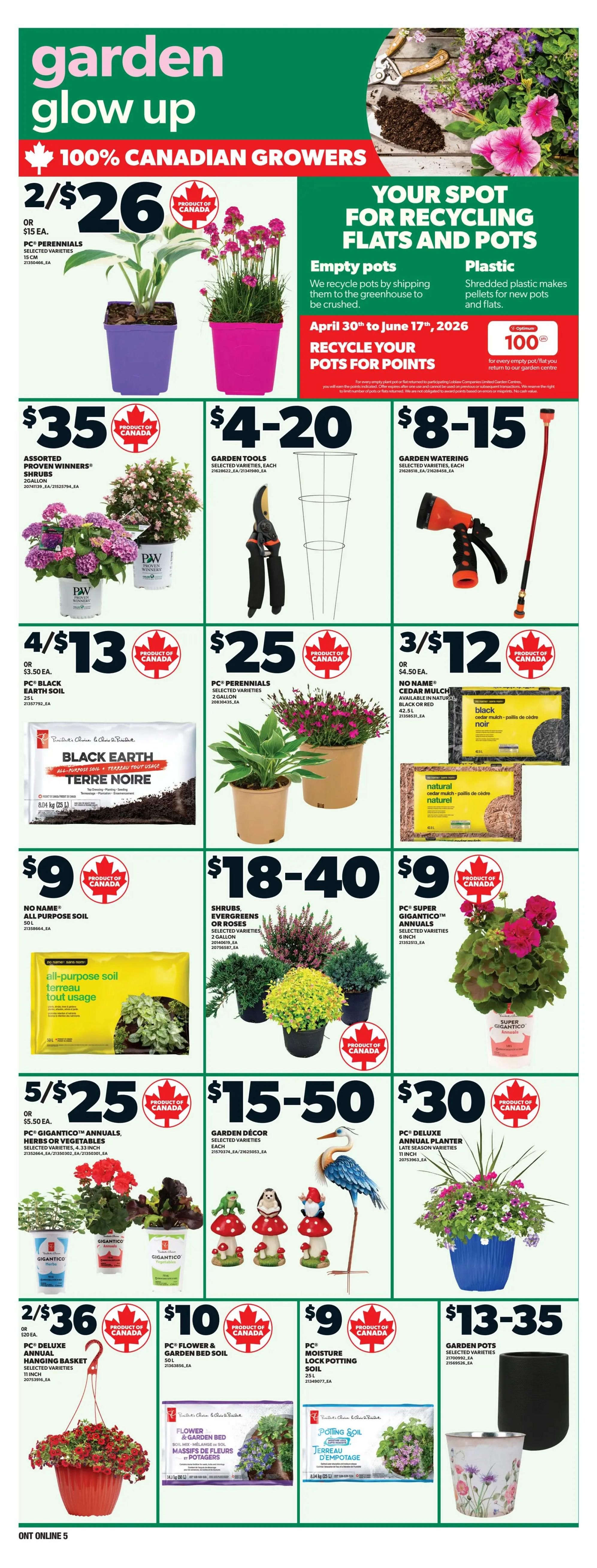 Zehrs weekly flyer page 12 features a garden glow-up theme with 100% Canadian growers. Deals include 2 for $26 on PC Perennials, $35 for Assorted Proven Winners Shrubs, and 4 for $13 on PC Black Earth Soil. Garden tools are $4-20, and garden watering items are $8-15. PC Perennials are $25, and No Name Cedar Mulch is 3 for $12. All-purpose soil is $9. Shrubs, Evergreens, or Roses are $18-40, and PC Super Gigantico Annuals are $9. PC Gigantico Annuals, Herbs or Vegetables are 5 for $25. Garden Decor items are $15-50. PC Deluxe Annual Hanging Baskets are 2 for $36. PC Flower & Garden Bed Soil is $10, and PC Moisture Lock Potting Soil is $9. Garden Pots are $13-35. The page also promotes recycling empty pots for points from April 30th to June 17th, 2026.