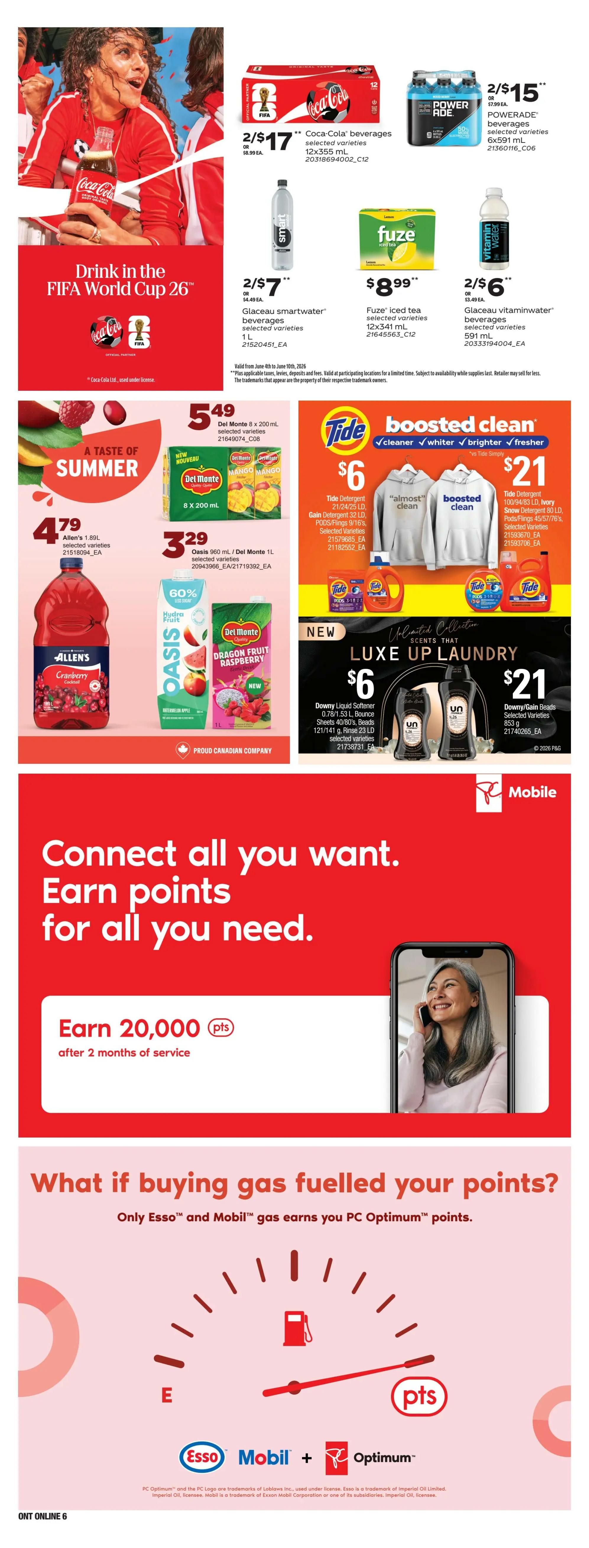 Zehrs weekly flyer specials page 15 features Coca-Cola beverages 12x355 mL for 2/$17, POWERADE beverages 6x591 mL for 2/$15, Glaceau smartwater beverages 1 L for 2/$7, and Fuze iced tea 12x341 mL for $8.99. Also on sale is Del Monte 8 x 200 mL selected varieties for $5.49, Oasis 960 mL / Del Monte 1 L selected varieties for $3.29, and Allen's 1.89 L selected varieties for $4.79. Tide detergent 21/24/25 LD is $6, and Tide detergent 100/94/83 LD Ivory Snow is $21. Downy Liquid Softener 0.78/1.53 L is $6, and Downy/Gain Beads 853 g are $21. The flyer also promotes PC Mobile, offering 20,000 points after 2 months of service. Additionally, it highlights that buying gas at Esso and Mobil earns PC Optimum points.