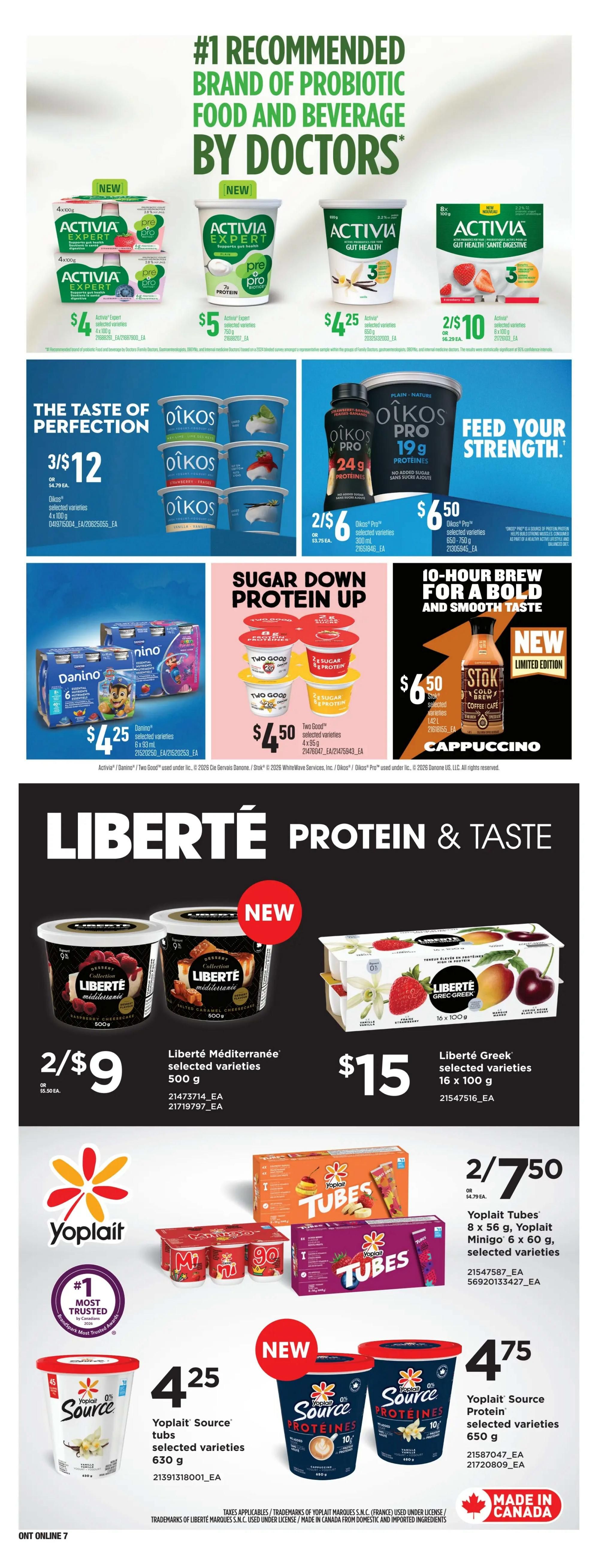 Zehrs weekly flyer specials page 16 featuring a variety of dairy and beverage products. Top section highlights Activia Expert yogurt cups and multi-packs, with prices starting at $4 for a 4-pack and $4.25 for single cups. Also features Activia Gut Health yogurt for $5 and Activia Gut Health Digestive yogurt for $4.25. Oikos yogurt products are on sale, with 3 x 100g cups for $12 and Oikos Pro 24g protein drinks 2 x 300ml for $6. Danino 6x93ml yogurt packs are $4.25. Two Good yogurt cups are 2 x 95g for $4.50. Stok Cold Brew Coffee Cafe Cappuccino is new and limited edition for $6.50. Liberté Protein & Taste section includes Liberté Méditerranée yogurt 500g for 2 for $9 and Liberté Greek yogurt 16 x 100g for $15. Yoplait offers Yoplait Source tubs selected varieties 630g for $4.25 and Yoplait Source Protein tubs selected varieties 650g for $4.75. Yoplait Tubes 8 x 56g and Minigo 6 x 60g are on sale for 2 for $7.50.